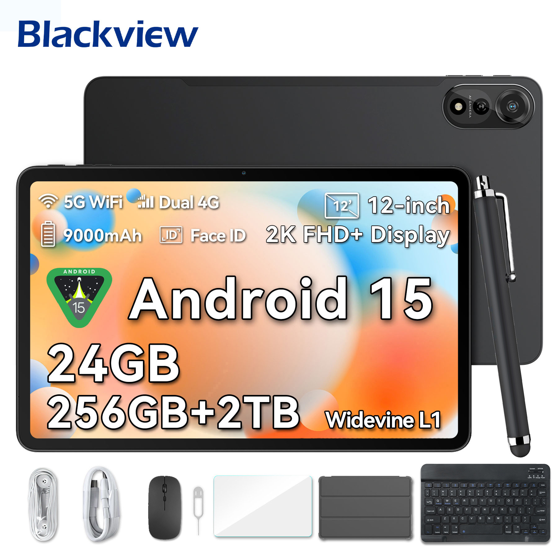 Blackview Mega2 15 Tablet, 12-inch, 24 (8+16) Gb + 256gb Rom, 2k Fhd Large Display Gaming Tablet, Dual 4g Lte + 5g Wifi, -core T615, 9000 Mah Battery, L1, Dual Camera, , Gps, Keyboard, Mouse, Stylus