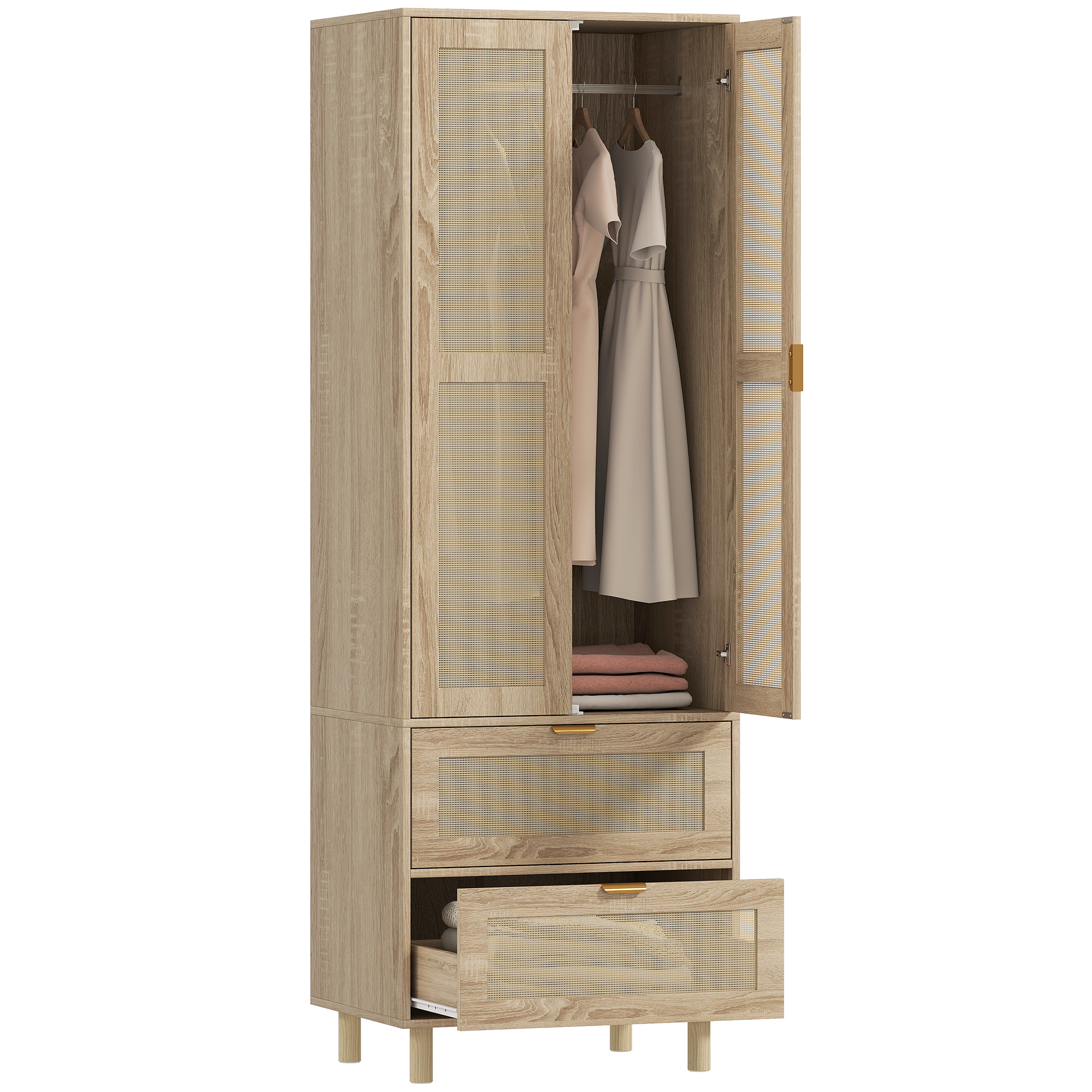 TEMU Armoire chambre penderie avec 2 portes en rotin, 2 tiroirs et barre de suspension, armoire à vêtements, dressing, style bohème, pour chambre à