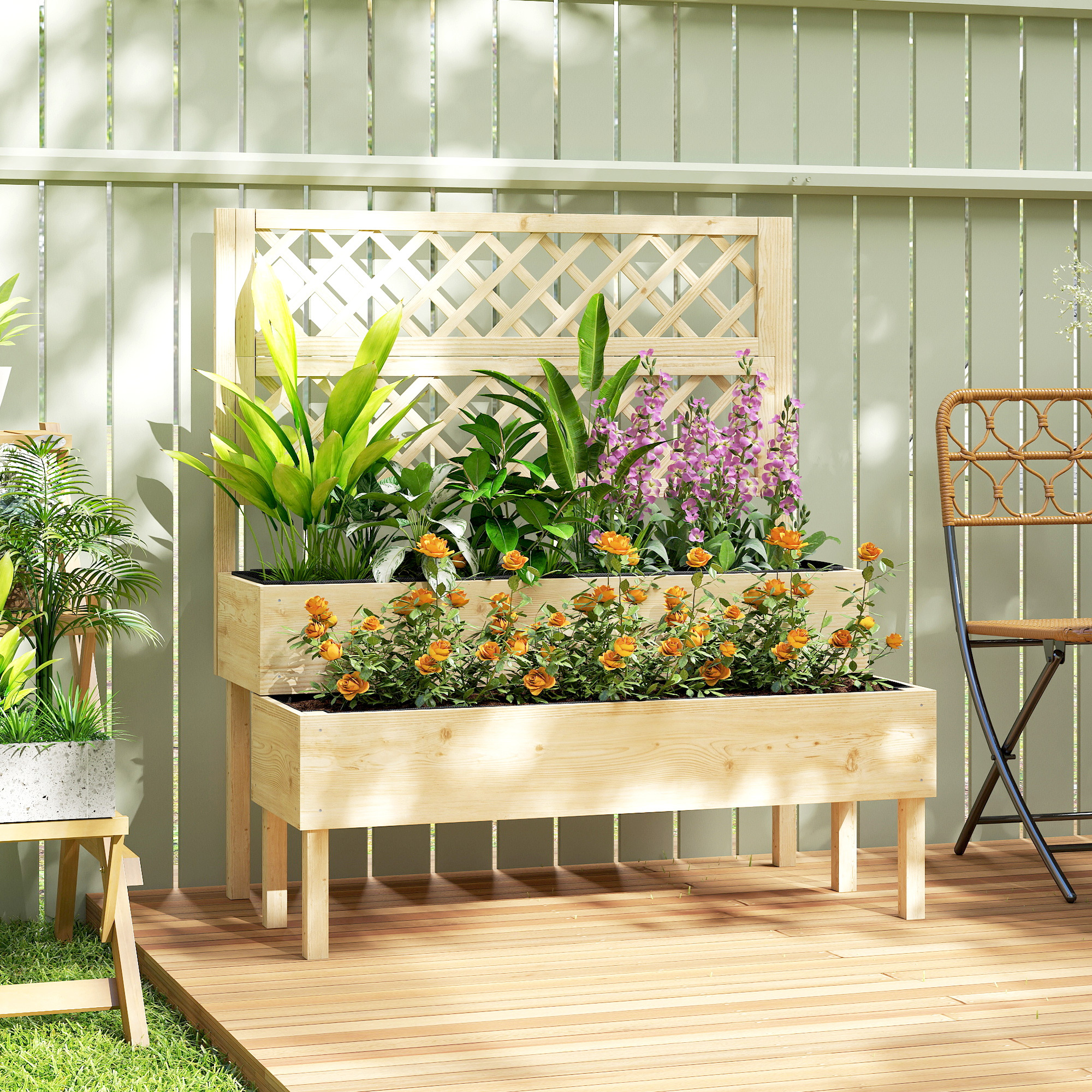 Image of Raised Bed With Trellis 2-tier Elevated Flower Box With 2 Planters, Non-woven Fabric, Wooden Planter Box, Planter Tub, Flower Tub, Trellis Box For Climbing Plants Garden 108 X 62 X 120 Cm