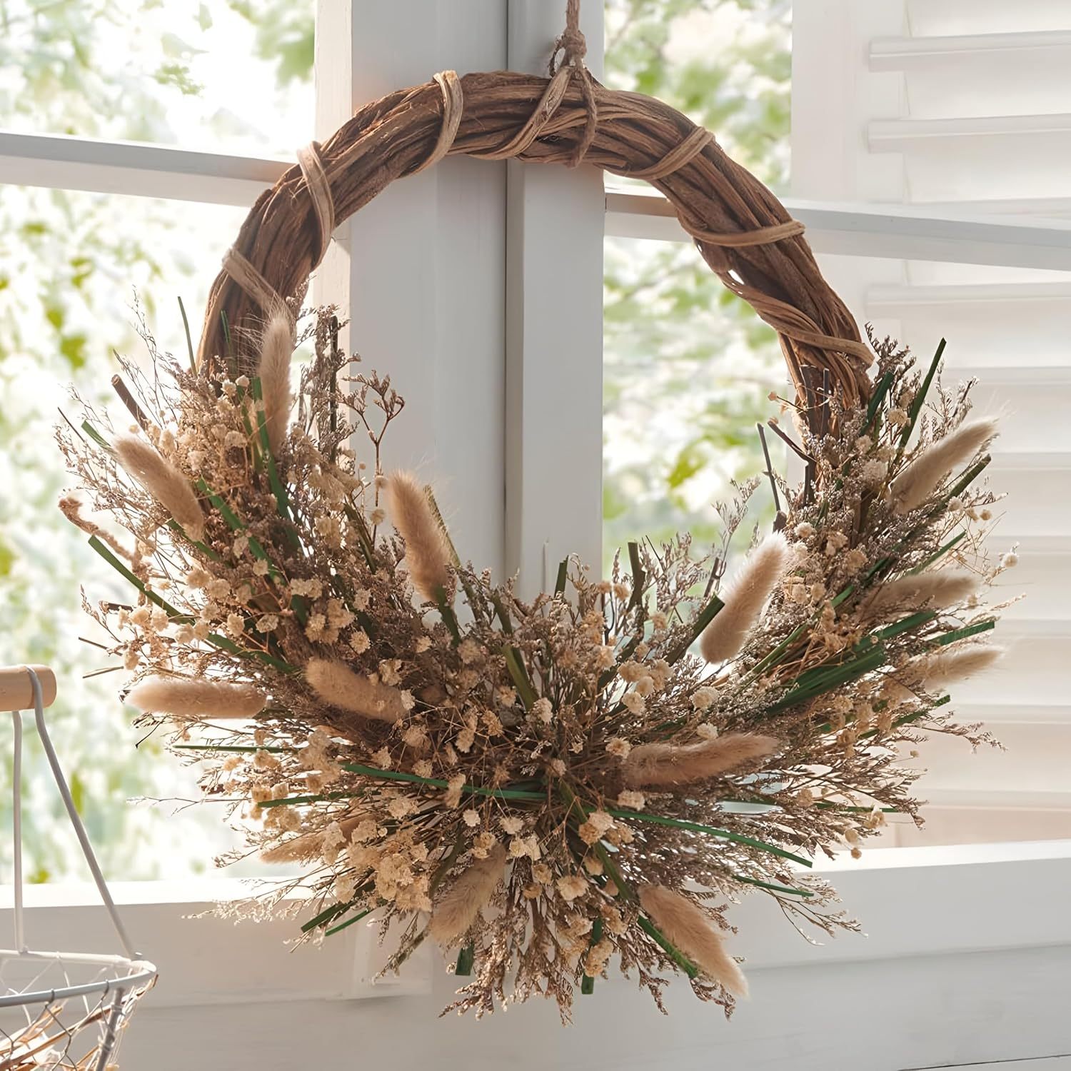 Image of Large "dried Flowers" Wreath Made Of Rattan, Flowers & Grasses, Ø 40 Cm, Rattan Wreath, Wall Wreath, Door Wreath