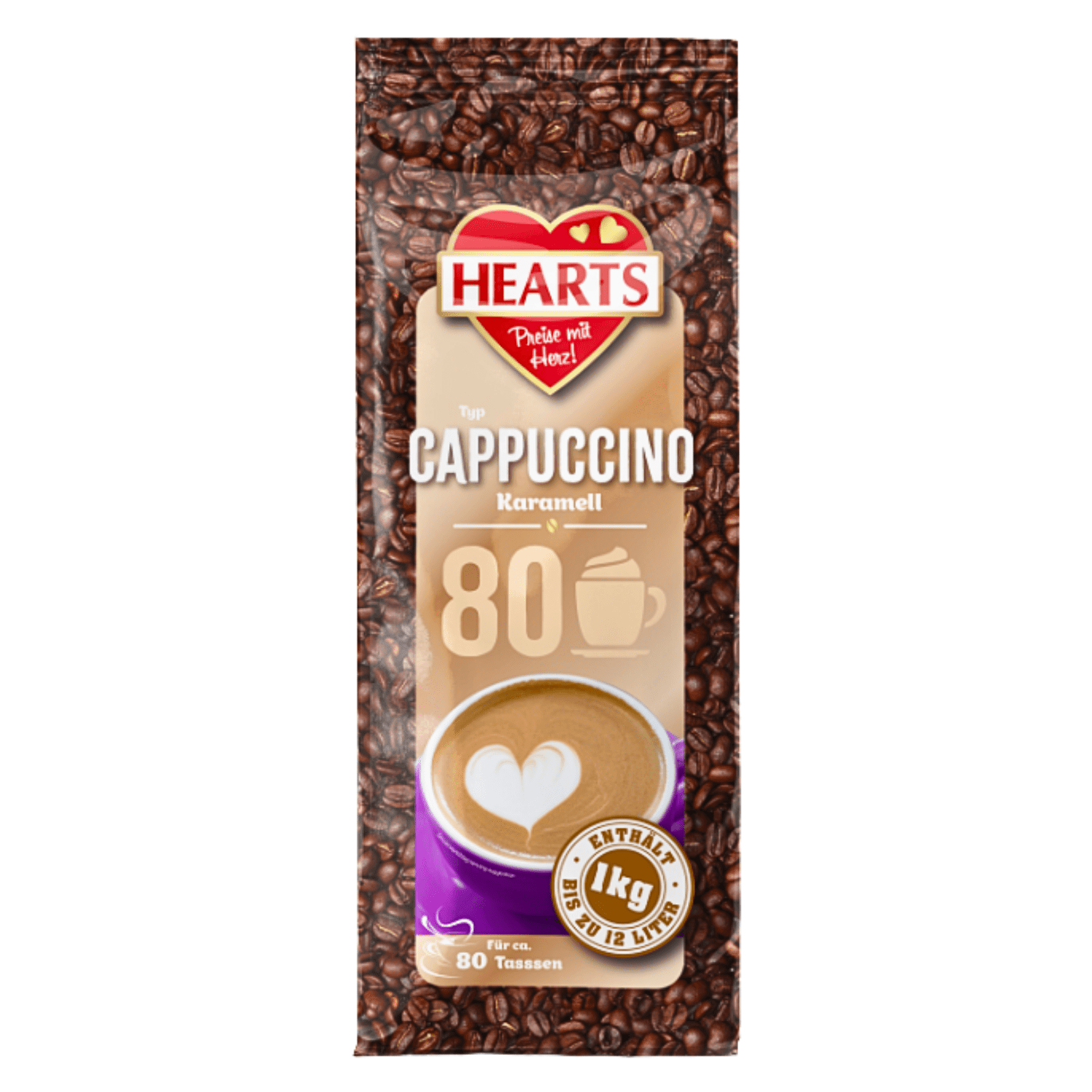 E-shop HEARTS Cappuccino Karamell 1kg - ca. 80 Portionen bis zu 12 Litre pro Beutel, besonders milchig & cremig