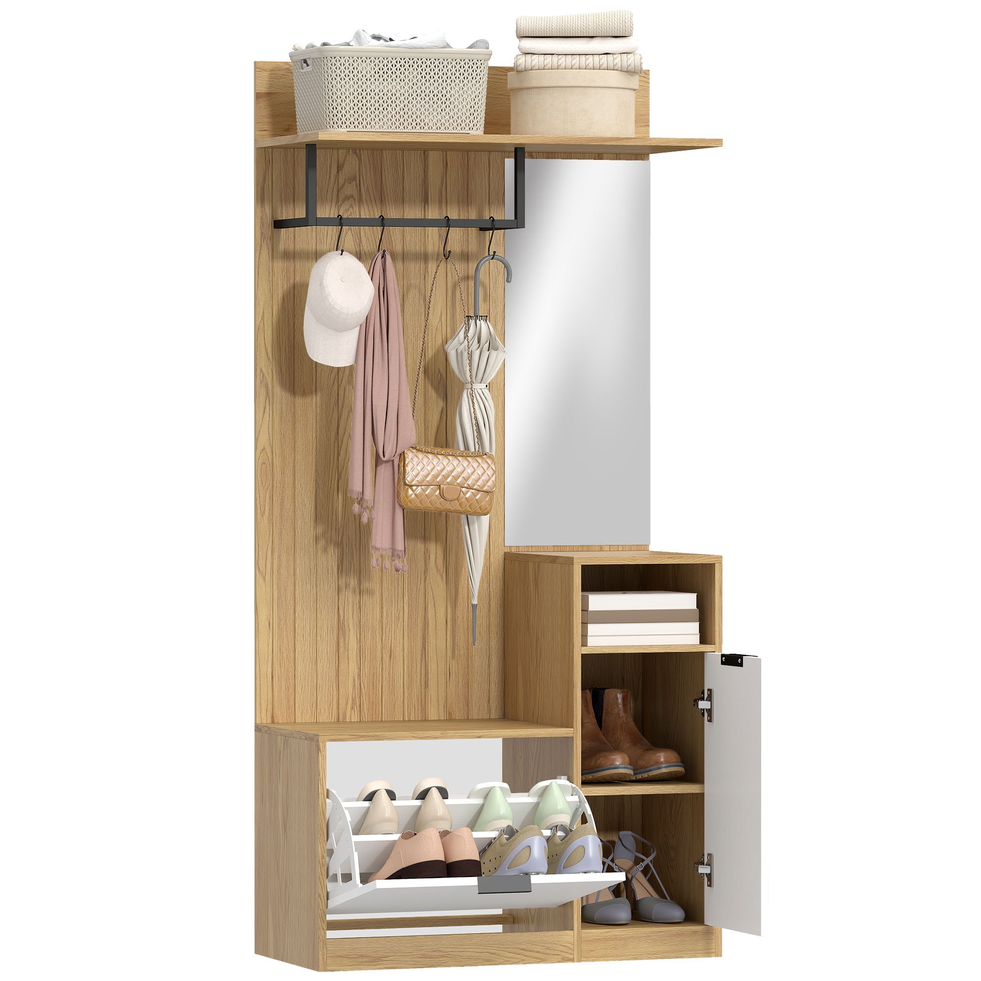 TEMU Porte-Manteau 6 en 1, Meuble d'Entrée, , Banc à Chaussures, , Tiroir Basculant, Étagères Réglables, 4 Crochets, Style Moderne, pour Couloir,