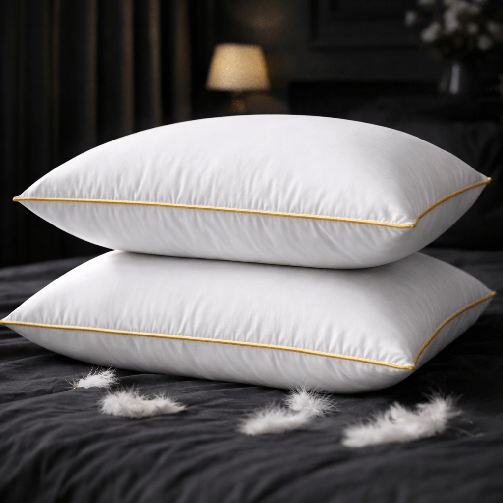 2 Pack of Cotton Bed Pillow with White Goose Feather Filling and Gold Edge Piping | Standard Size Sleeping Pillow for Home Bedroom