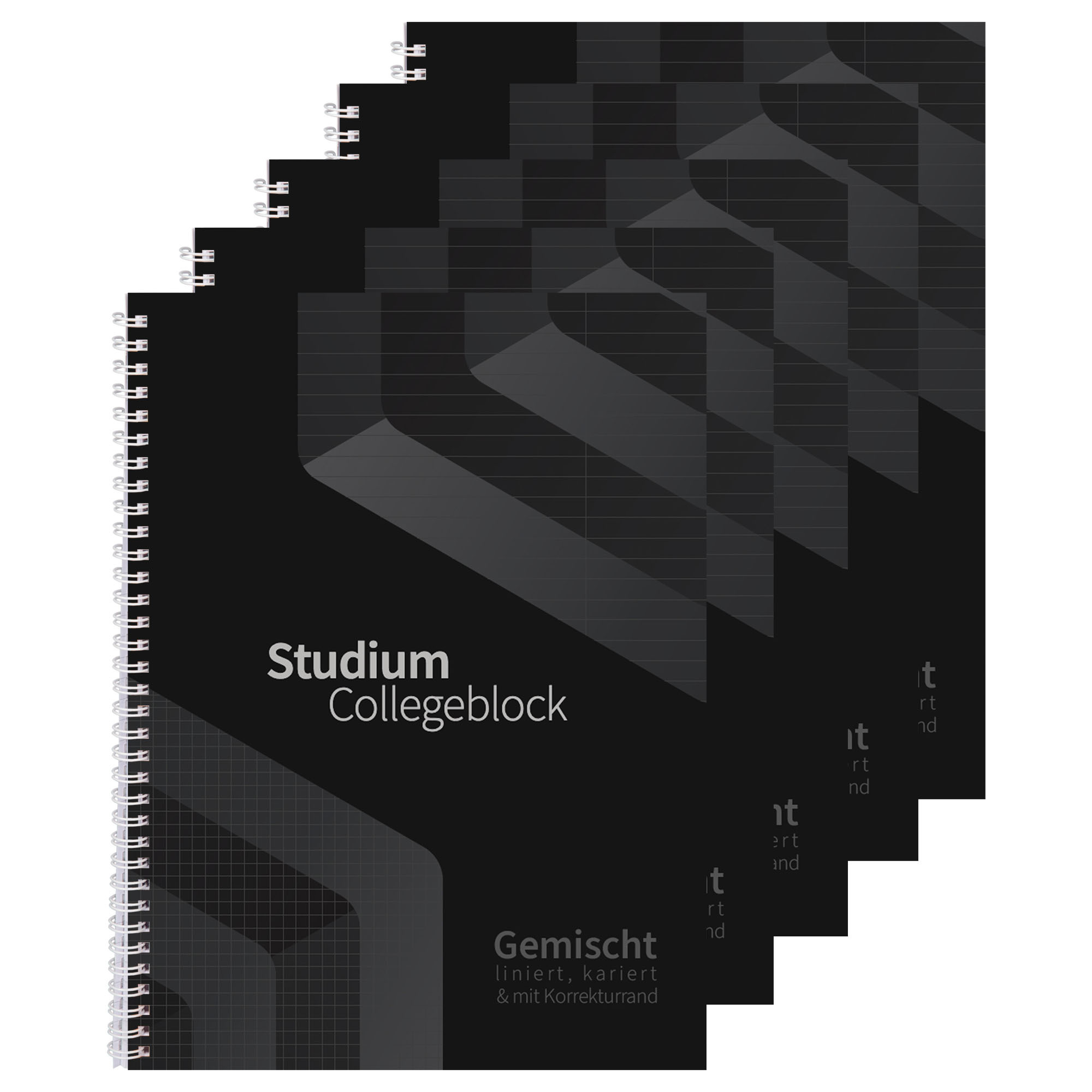 College Block Study Duo - 5pcs - Squared And Lined - Black - Din A4 - 80 Sheets - - 80g Volume Paper - Hole - Perforated - White Spiral Binding - With Correction Margin - Notebook