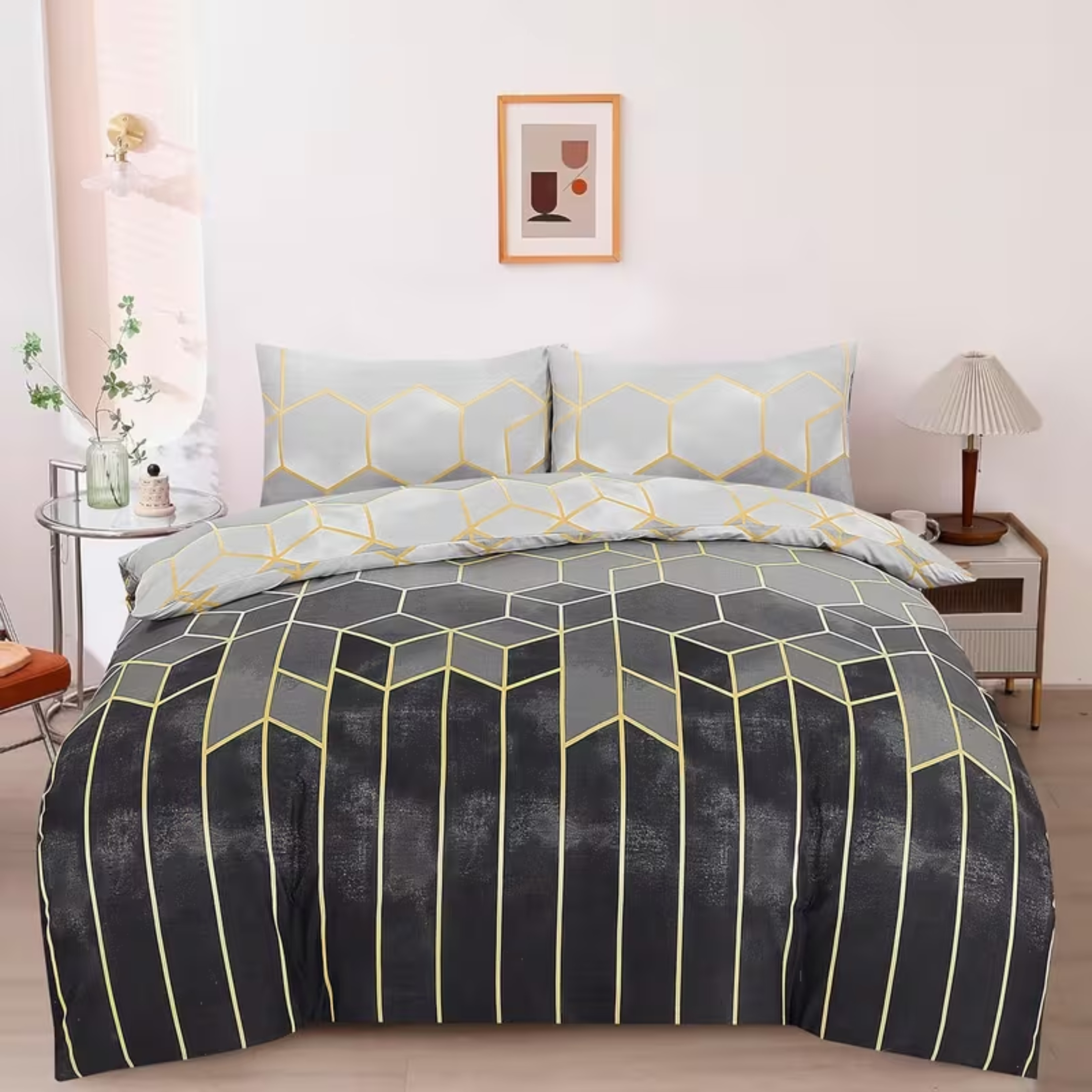 TEMU 4pcs Geometric & Greek Duvet Cover Complete Set – 1 Duvet Cover + Fitted Sheet + 2 Pillowcases | Soft Polyester Fabric | | Modern Greek Design