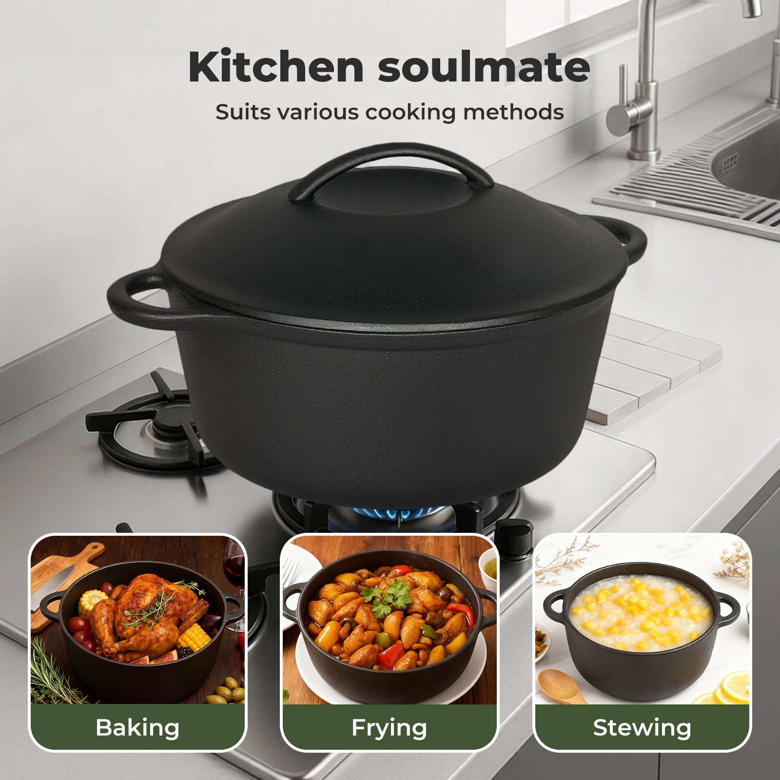 6.6L Cast Iron Dutch Oven Casserole Pot with Lid