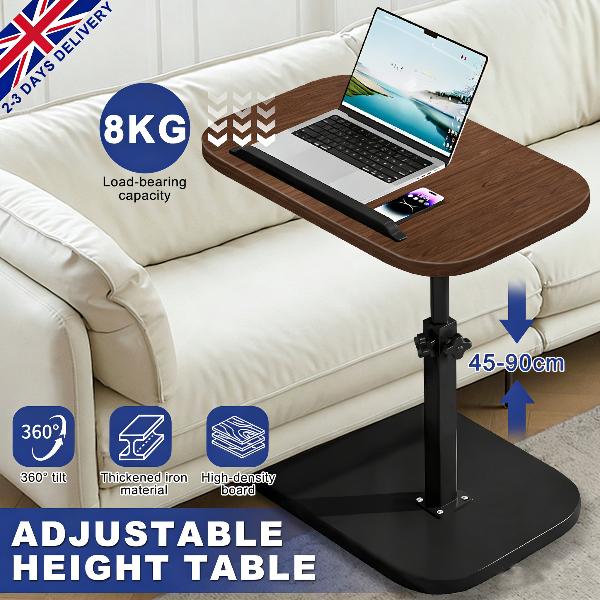 TEMU Versatile Adjustable Height Side Table With – Stylish Metal Frame & Wooden Top, Portable Sofa End Table For Living Room, Bedroom, Game Room, Or