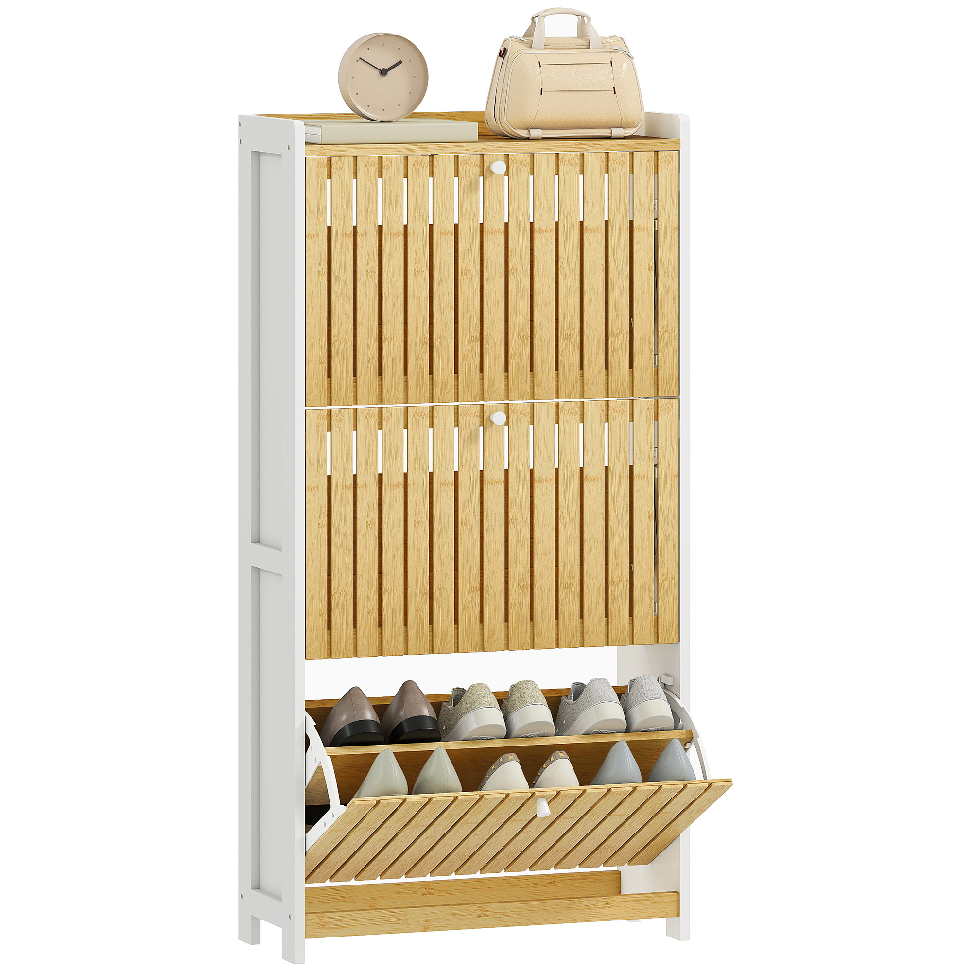 TEMU HOMCOM Meuble à chaussures 18 paires, armoire à chaussures étroite, meuble d'entrée avec 3 tiroirs rabattables, portes en bambou à lattes, pour