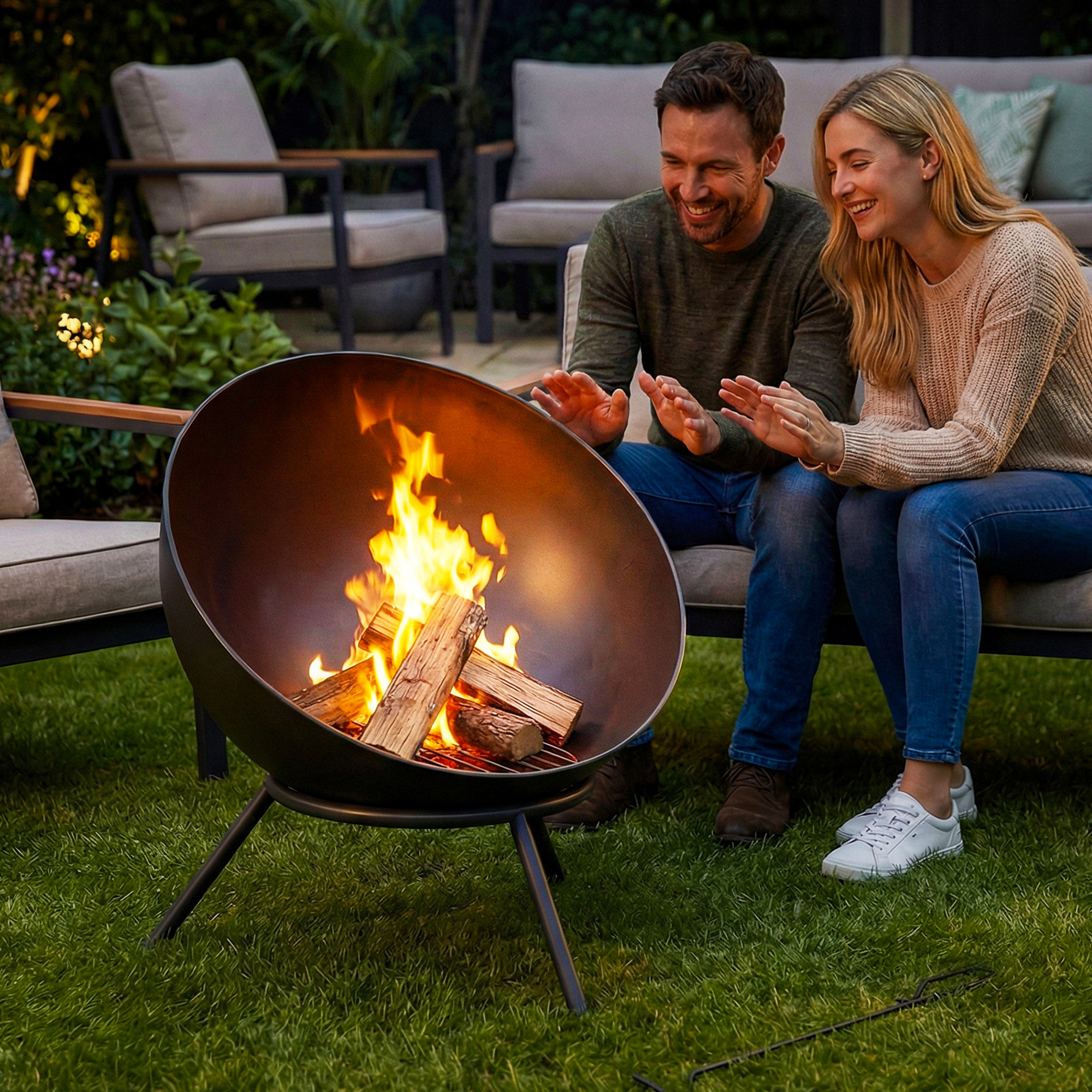 Image of Adjustable Fire Bowl 60 X 53 X 66cm With Fire Pit Hook, Charcoal Grate, And Stand - Fire Basket For Garden, Balcony, Terrace, Outdoor Bbq, Camping - Black