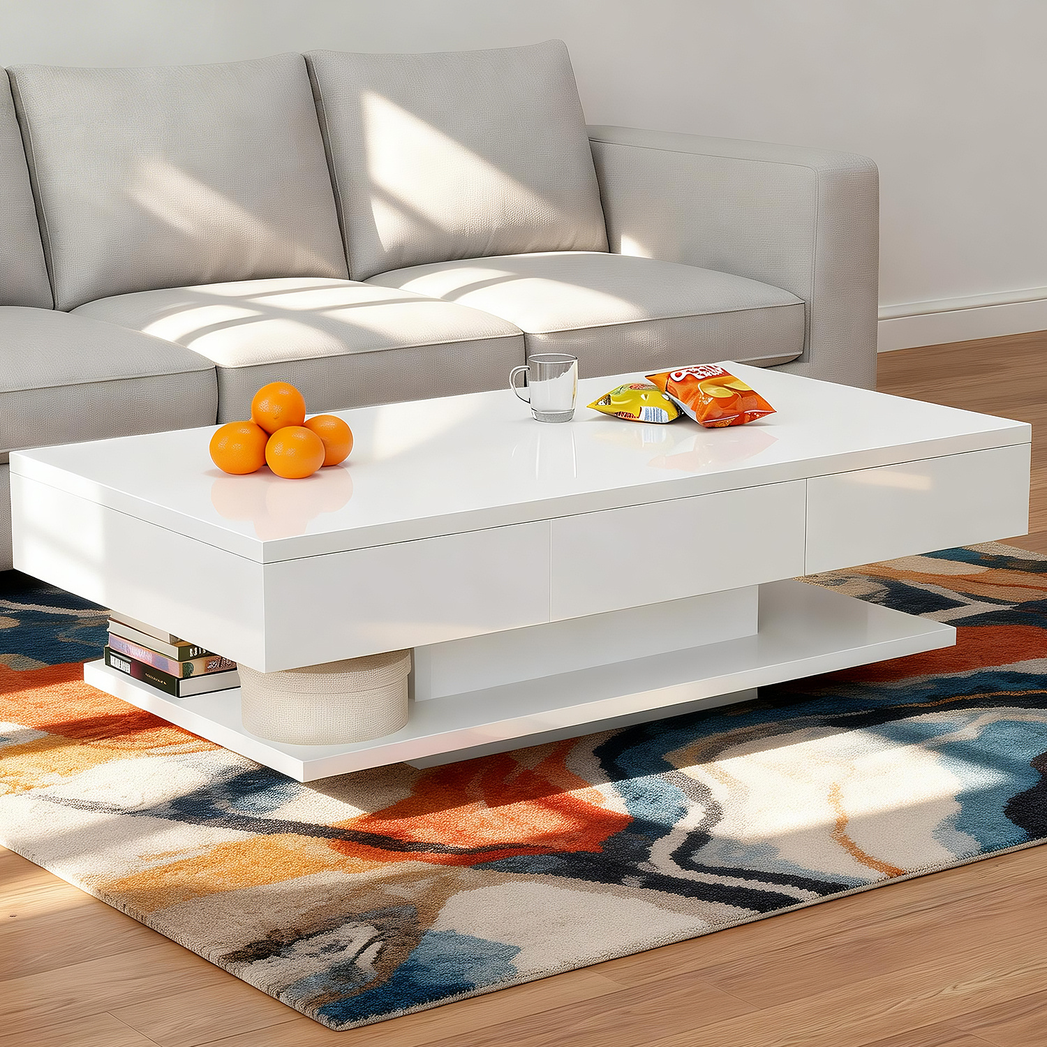 White Coffee Table With 2 Drawers And Open Storage Space, Modern Side Table With Large Table Top, Sofa Table, Coffee Table For Living X 60 X 35 Cm