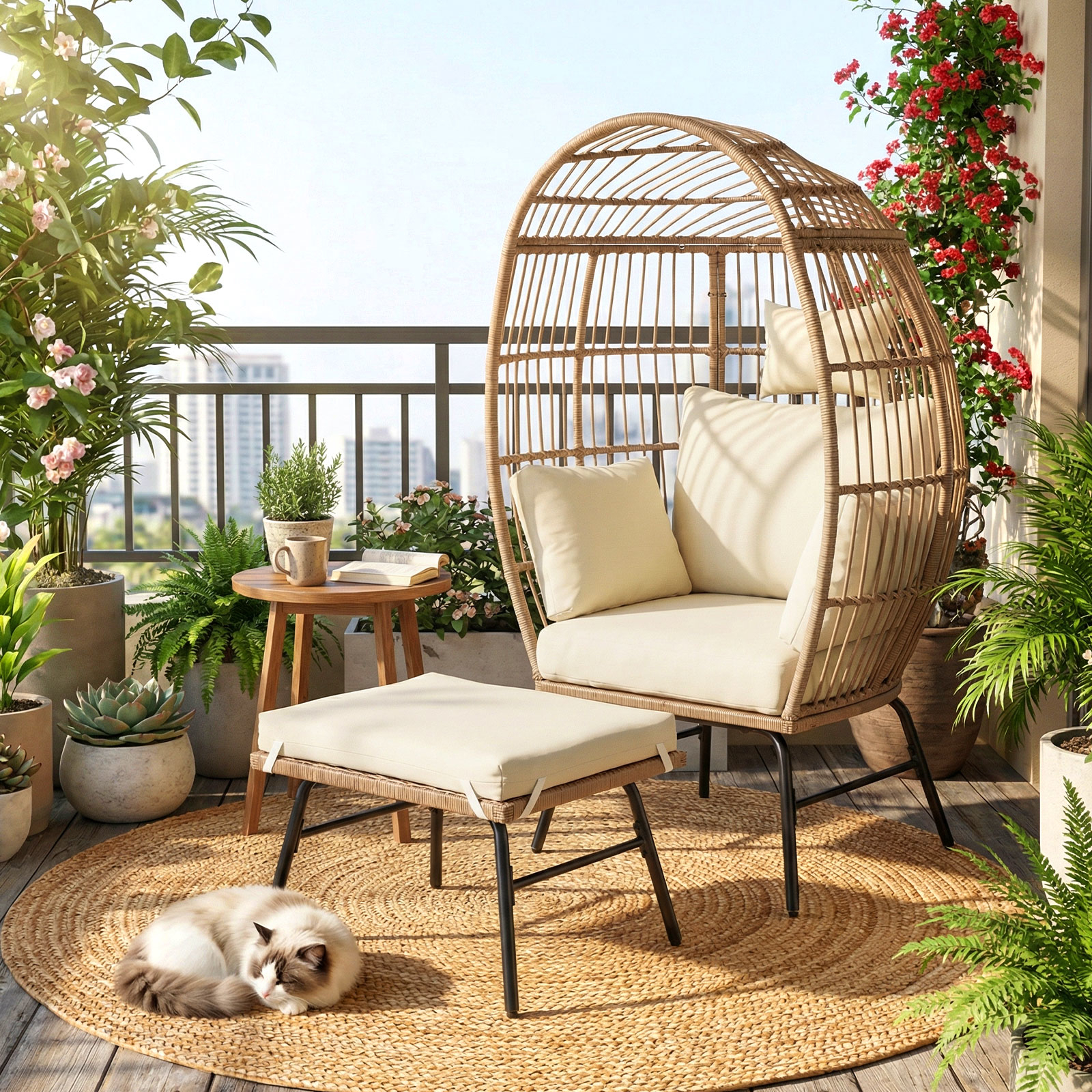 Image of Pe Rattan Egg Chair With Ottoman, Indoor & Outdoor Wicker Patio Lounge Chair With Comfy Cushions & Pillows, Footstool, Oversized Basket Chair For Balcony, Poolside, Porch, Living Room