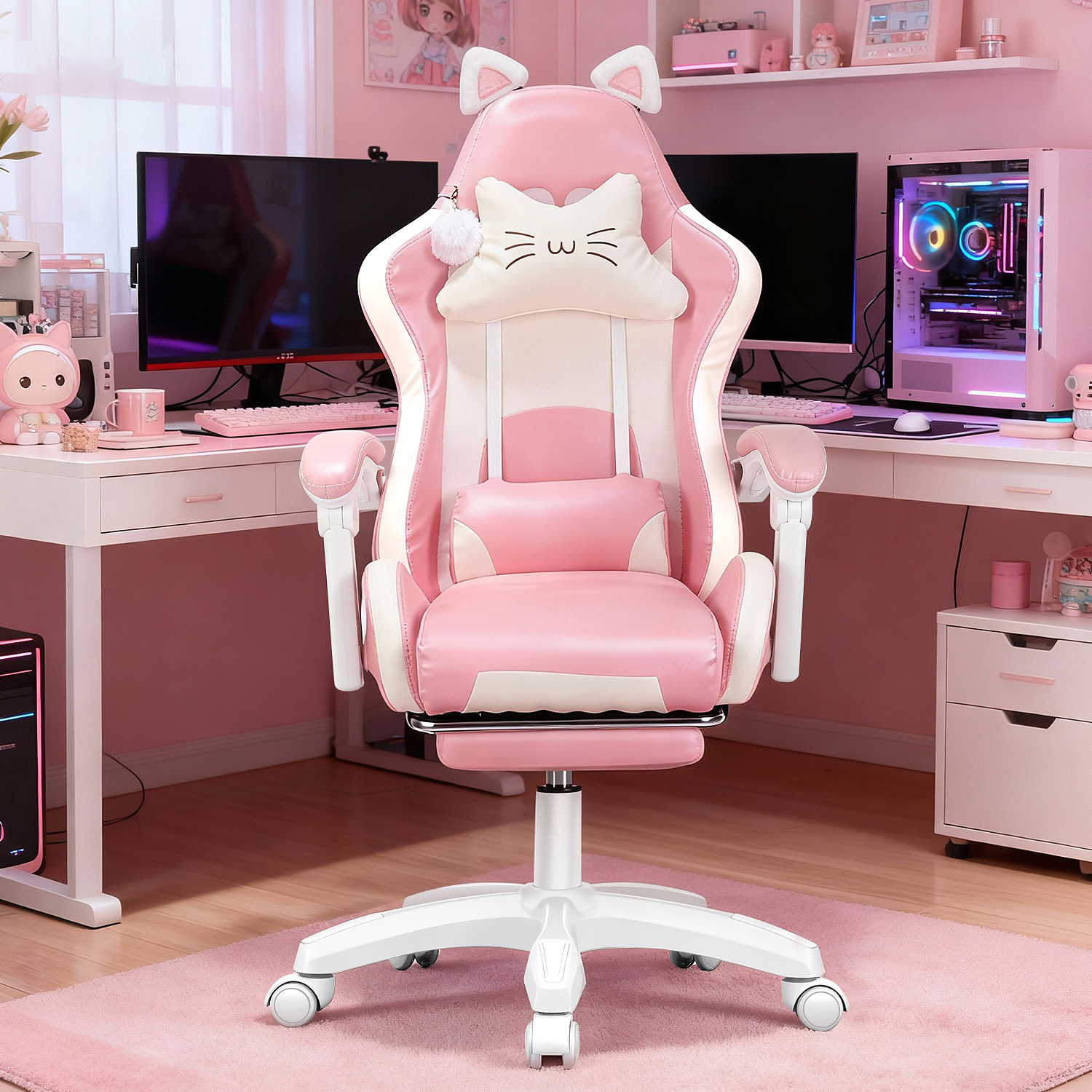E-shop Gaming Stuhl, Ergonomischer Bürostuhl Höhenverstellbar 115-125cm, Cute Gaming Sessel Gamer Stuhl mit Fußstütze und Katzenohren, Kopfstütze,