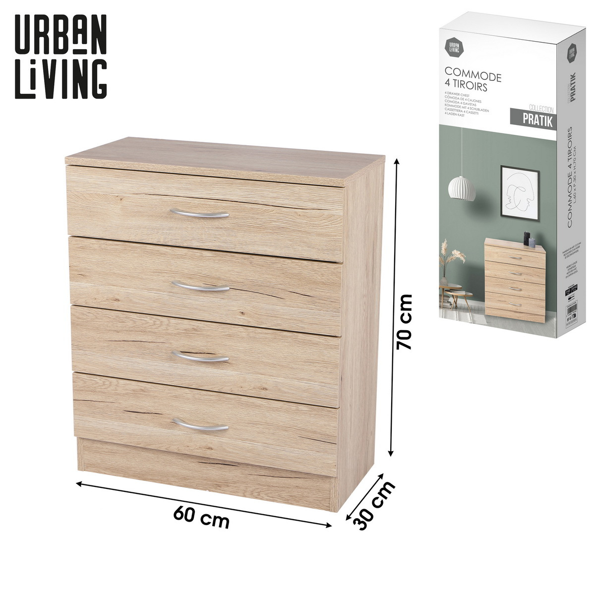 Image of Urban Living Praktik Dresser 60 X 30 X 70 (h) Cm Sideboard With 4 Drawers, Chest Of Drawers, Cabinet For Bedroom, Hallway, Living Room, , And More