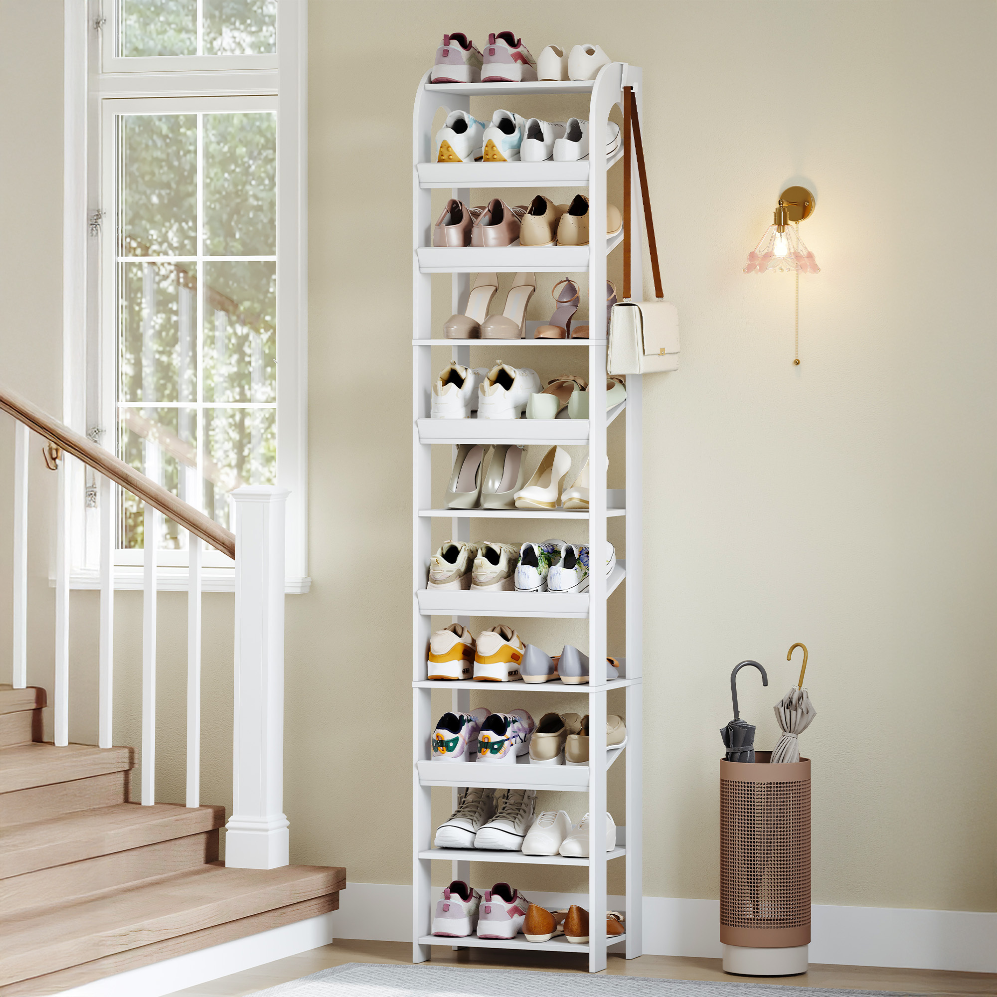 Image of Vertical Shoe Rack, 11 Narrow Shoe Shelves, Wooden Shoe Organizer For Closet, Entryway, Adjustable, With Hooks, 42.5b Cm, White