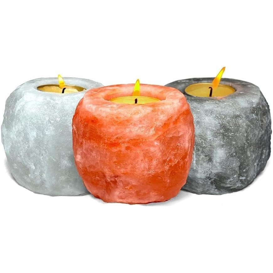Sudorewell Tealight Holder Set (3 Pieces) In Pink, & Gray – Natural Salt Stone (salt Range, Pakistan)