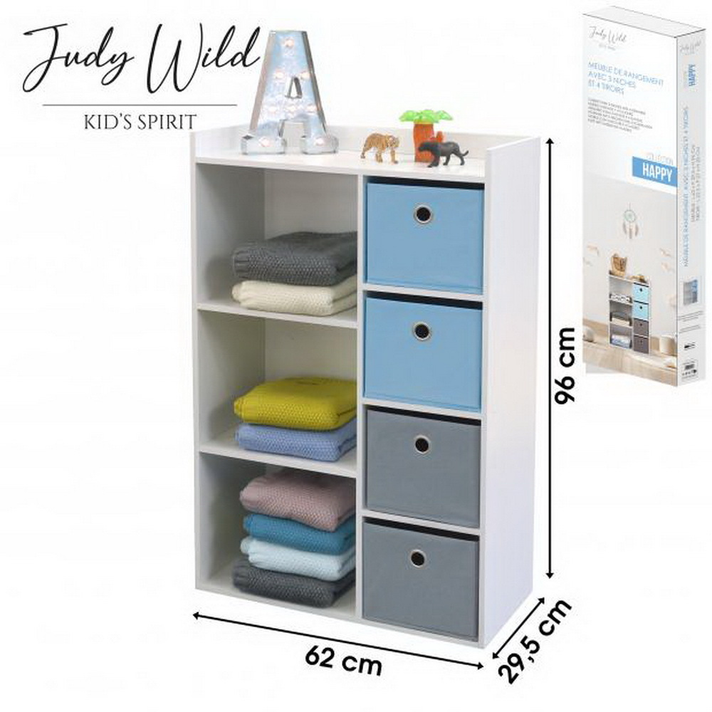 Image of Children's Wooden Shelf Judy Wild 62 X X 96 (h) Cm Children's Shelf With / Storage Boxes Blue-gray Shelf Cabinet Commode Children's Cabinet With Drawer Boxes