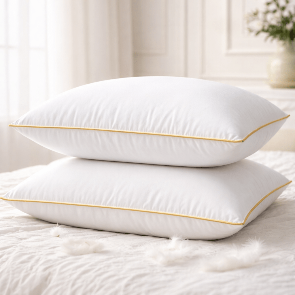 2 Pack of Cotton Bed Pillow with White Goose Feather Filling and Gold Edge Piping | Standard Size Sleeping Pillow for Home Bedroom