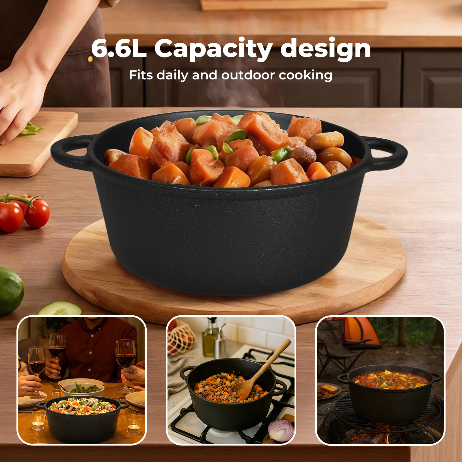 6.6L Cast Iron Dutch Oven Casserole Pot with Lid