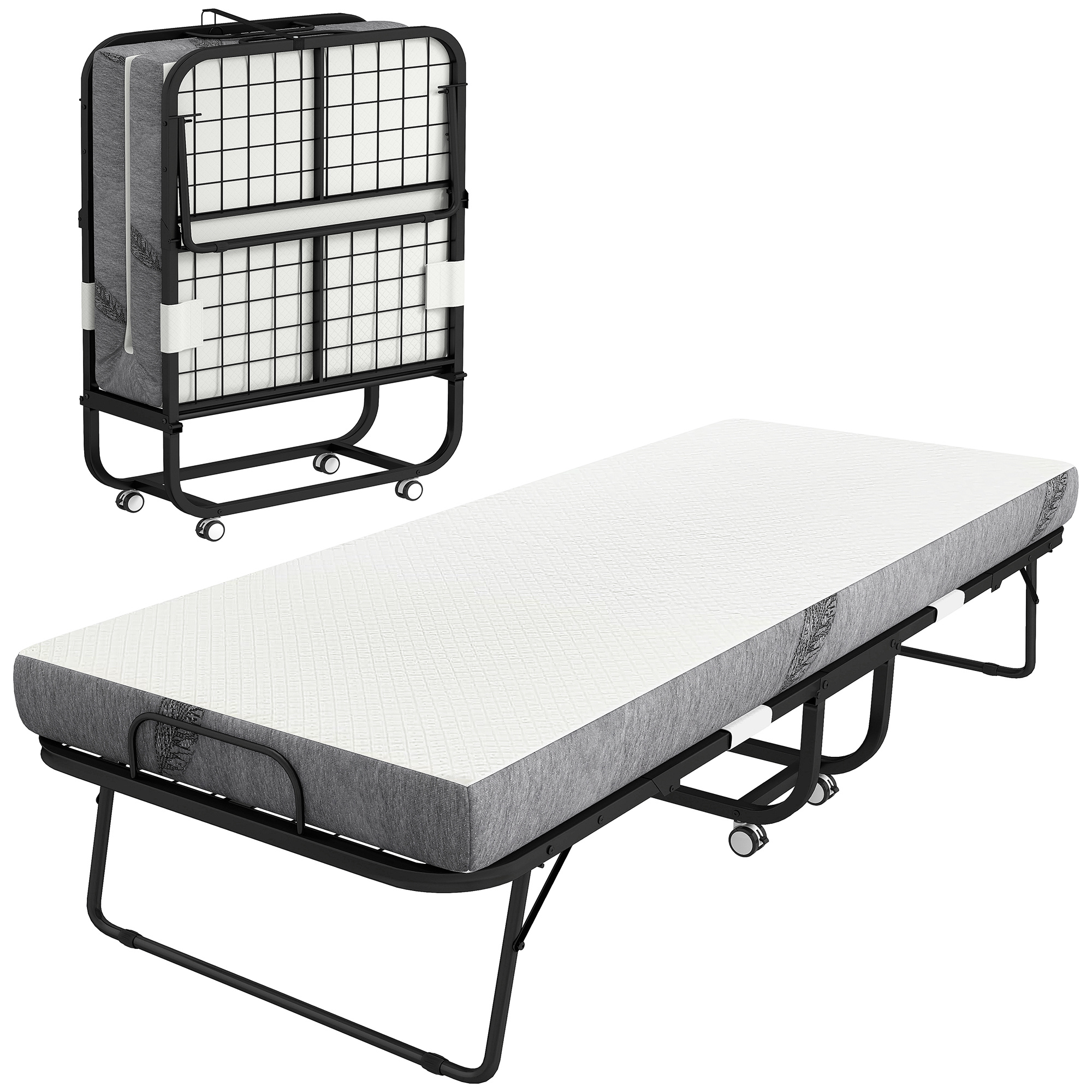 TEMU HOMCOM Lit pliant 1 personne 200 x 80 cm avec matelas, lit d'appoint pliable et portable sur roulettes, mousse à de 12,7 cm, facile à plier, à
