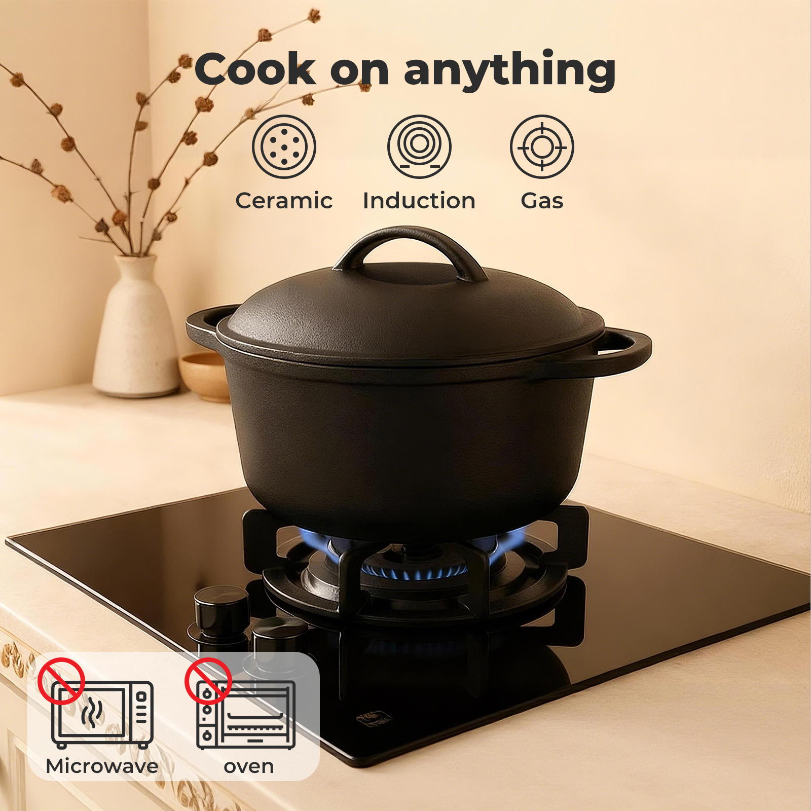 6.6L Cast Iron Dutch Oven Casserole Pot with Lid