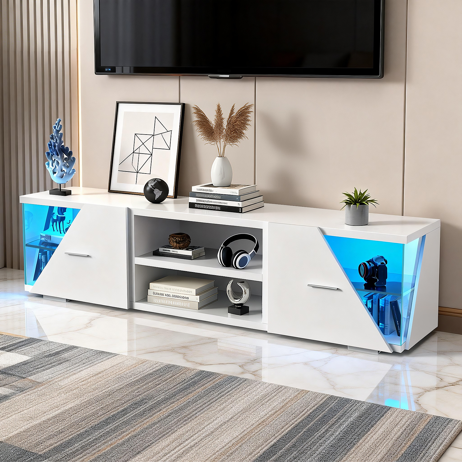 Image of Modern Tv Cabinet 150cm, Lowboard For 35 - 45 Inch Tv With Rgb Led Lighting, Tv Board With 2-door Cabinet, 2 Open Shelves, Tv Stand For Living Room, Bedroom, 150 X 35 X 39 Cm White
