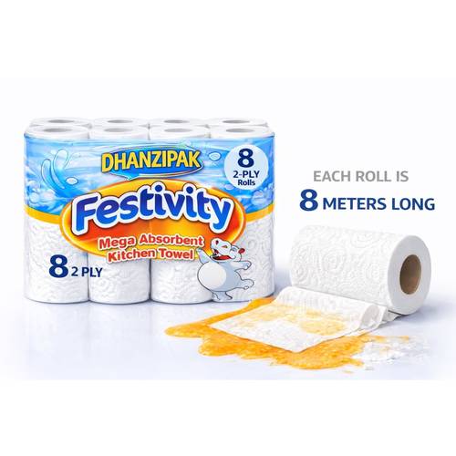 kitchen roll 8 pack 2 ply mega absorbent paper towels 44 sheets per roll 8m length each