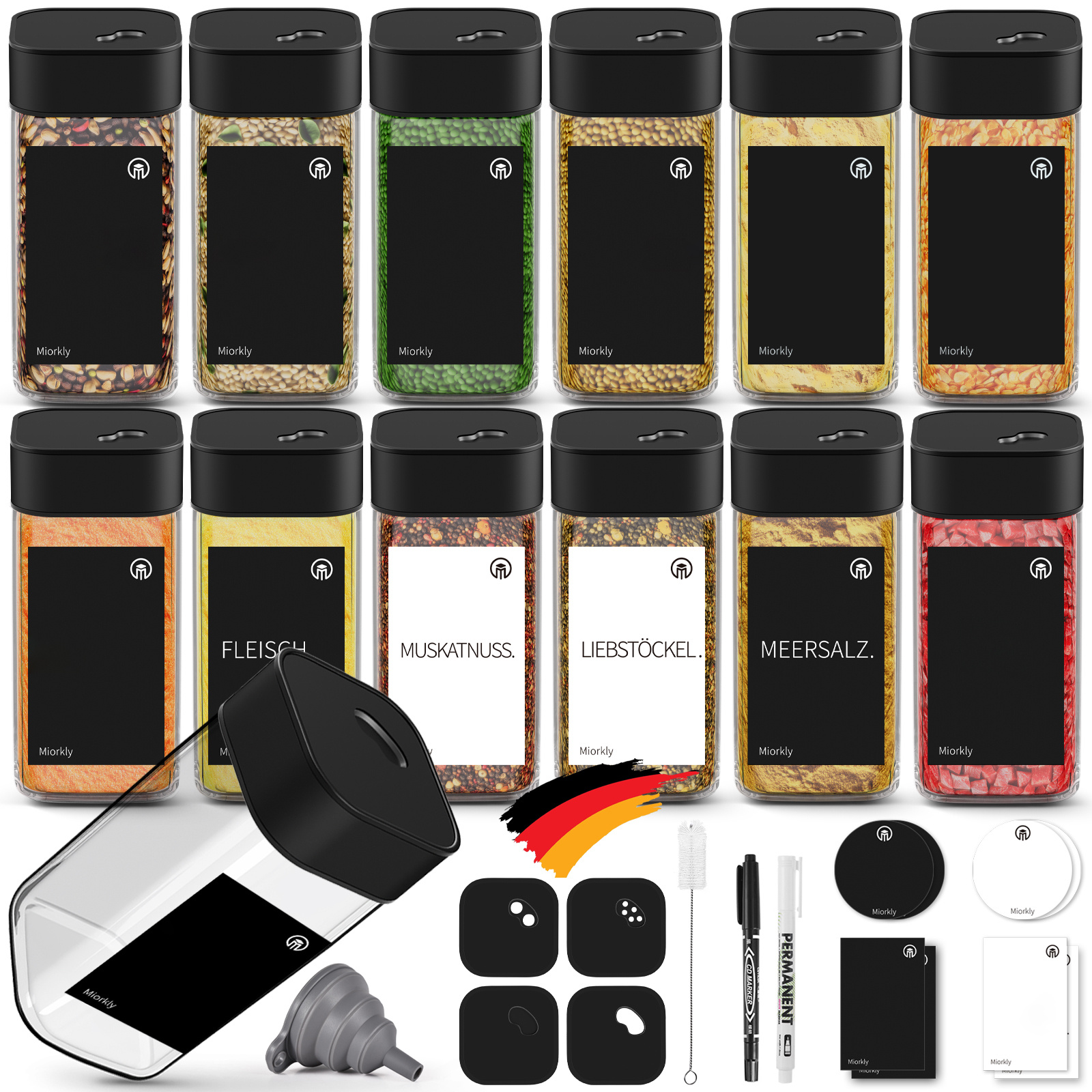 E-shop 12er Set Gewürzgläser Eckig - mit Schwarz Edelstahl Drehdeckel, 120ML Gewürzstreuer Set mit Streueinsatz,Hochwertige Gewürzdosen,Glas Gewürz
