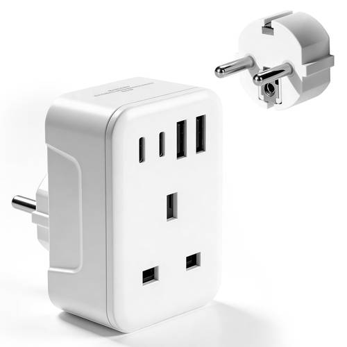 uk to pean travel adaptor with 4 usb ports 2 usb c grounded eu pe to uk power plug adapter for germany france iceland greece poland netherlands austria turkey etc type e f