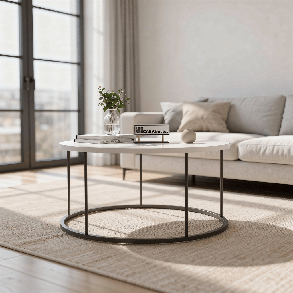 Casa Basics Round Coffee Table Ø70 Cm – Modern Living Room Table In – Mdf Tabletop & Black Metal Frame – Sofa Table For Living Room, Dining Room, Or Hallway – Easy Assembly