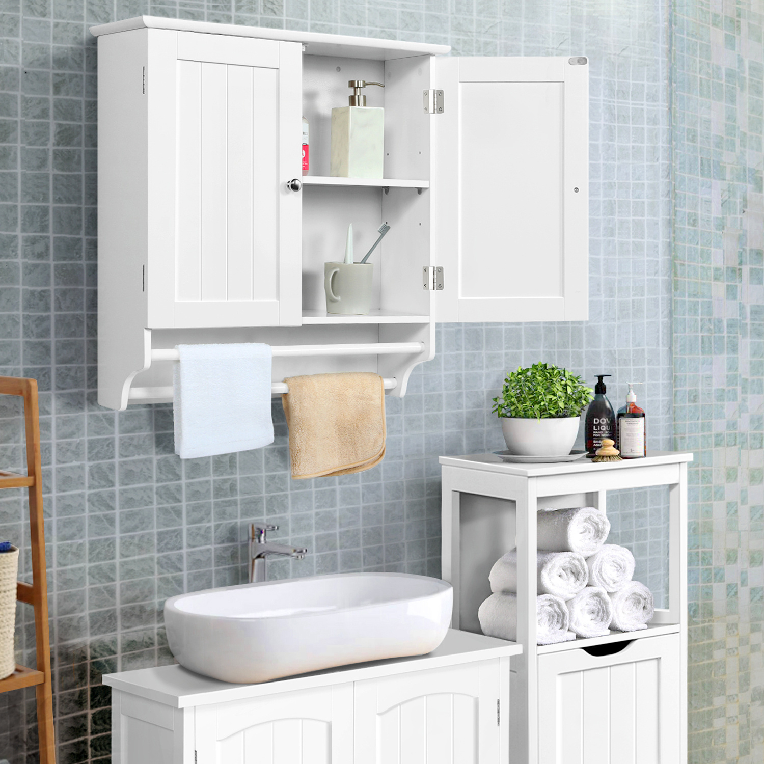 TEMU Costoffs Armadietto a Muro con Ripiano Regolabile in Altezza Armadio per Bagno con Anta e 2 Portasciugamani per Bagno Cucina Camera da Letto