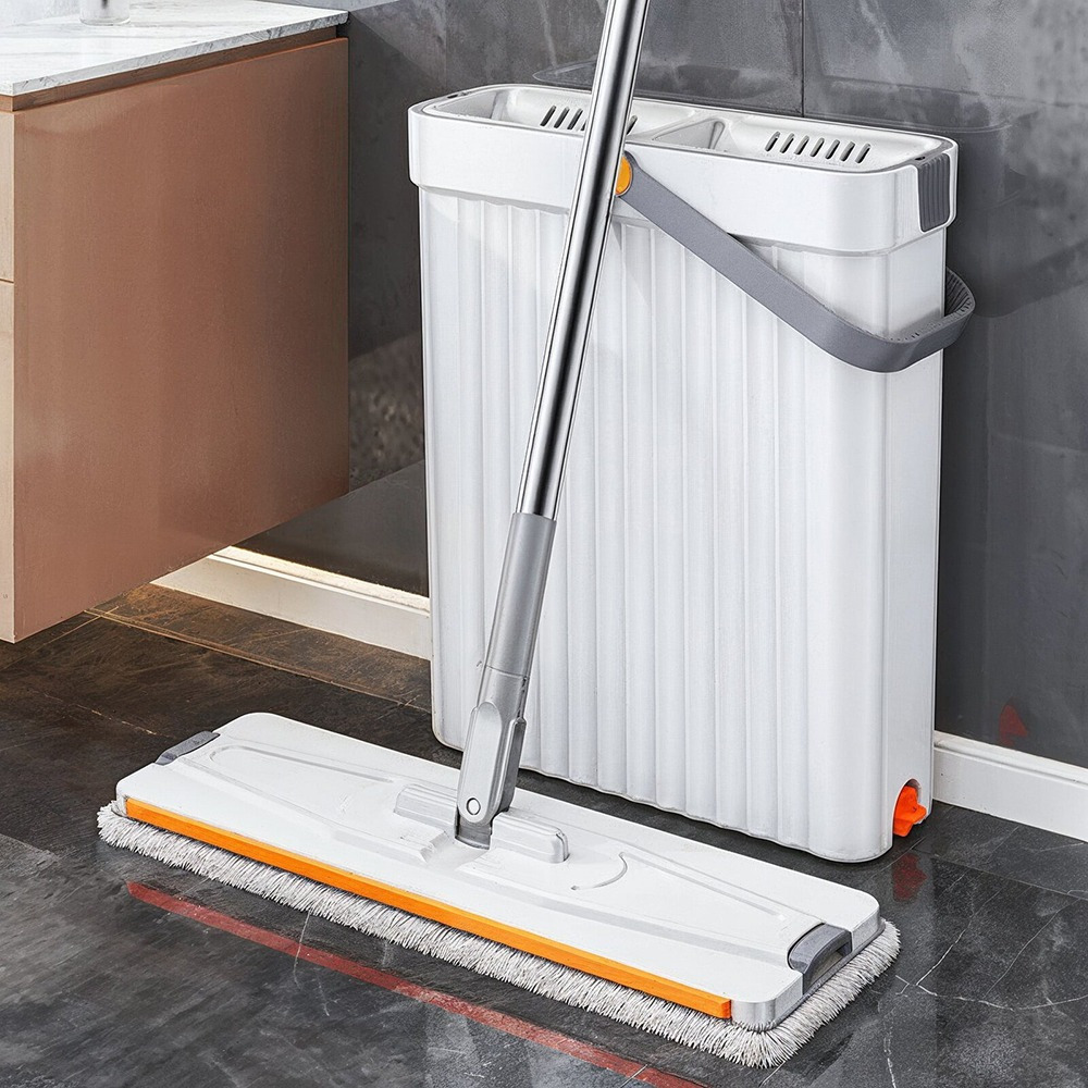 TEMU Mop And Bucket With Wringer Set - Flat Floor Mop And For Wet And Dry Use, Includes 2 Washable Microfiber Pads, Long Handle For All Floor Types