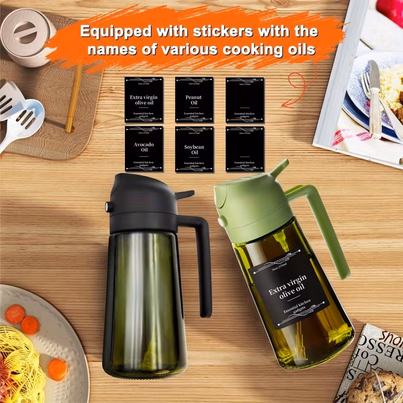 2 kitchen glass olive oil bottles with 6 stickers oil dispenser and cooking spray device 16oz premium dark green glass oil bottle perfect cooking tool for grilling camping and salads nozzle design for suitable for cooking details 1