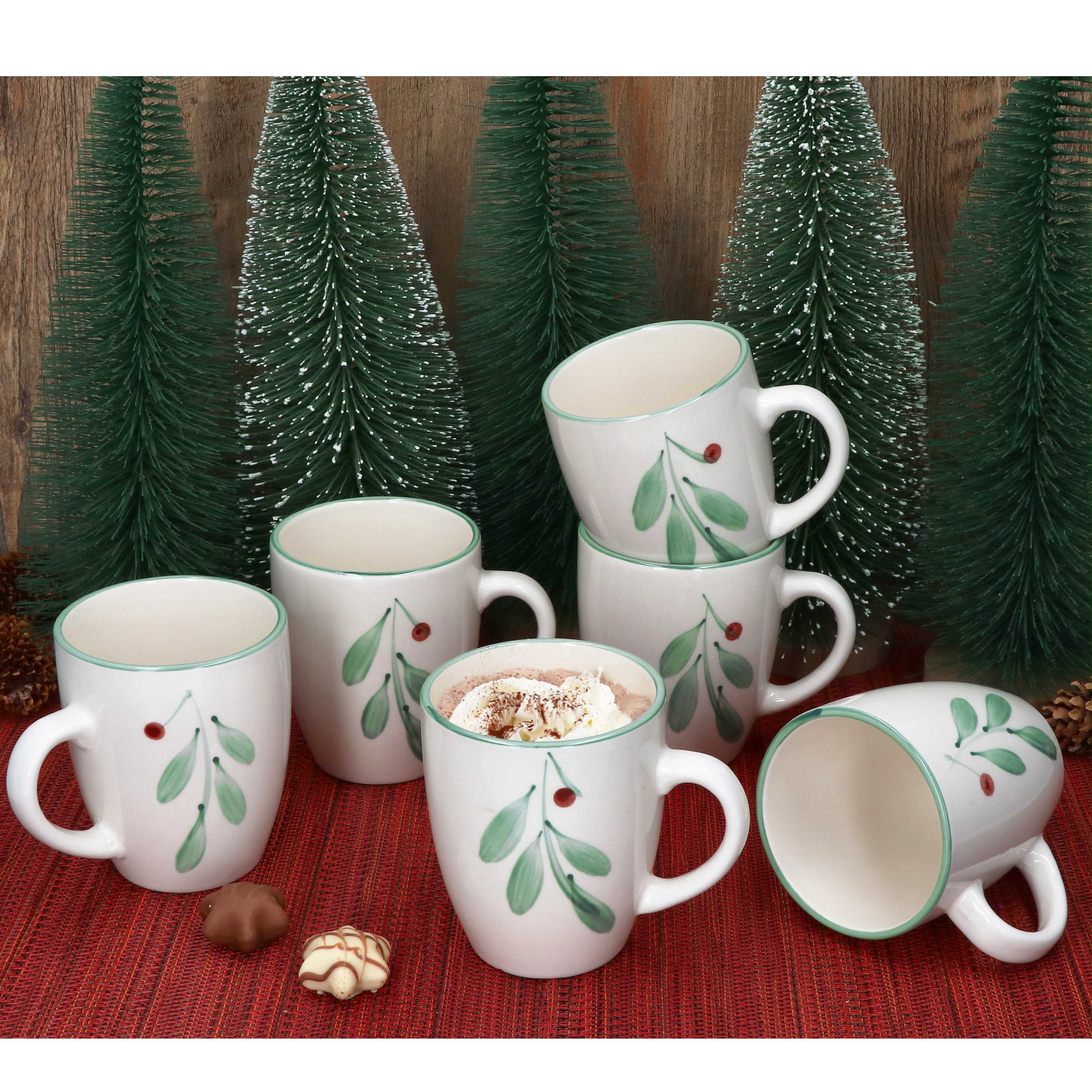 Image of 6x Holly Coffee Mugs 320ml Stoneware Cups For 6 People, Mulled Wine, Tea, Branch