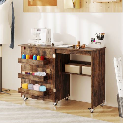 folding sewing table rolling craft station with storage shelf 3 hidden bins mobile sewing machine desk with lockable wheels for home small spaces 118 5 x 40 x 79 5 cm brown