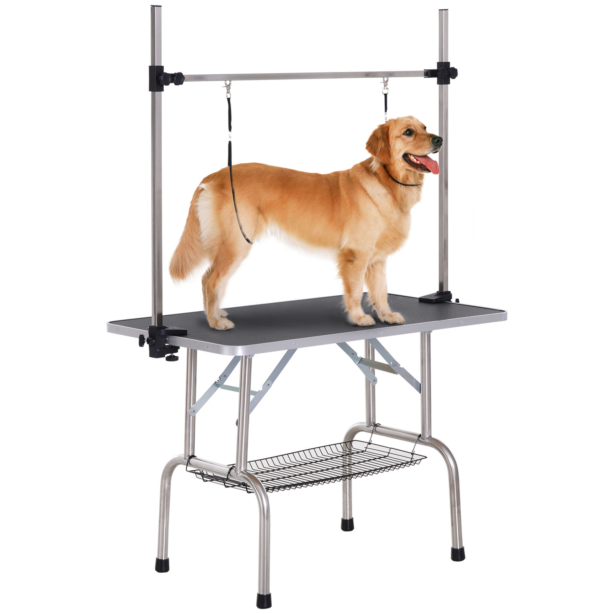 TEMU PawHut Opvouwbare Verzorgingstafel voor Honden en Katten, 107x60x76cm - Verstelbaar RVS - Stevig van 100kg met Antislipoppervlak - 2 Riemen,