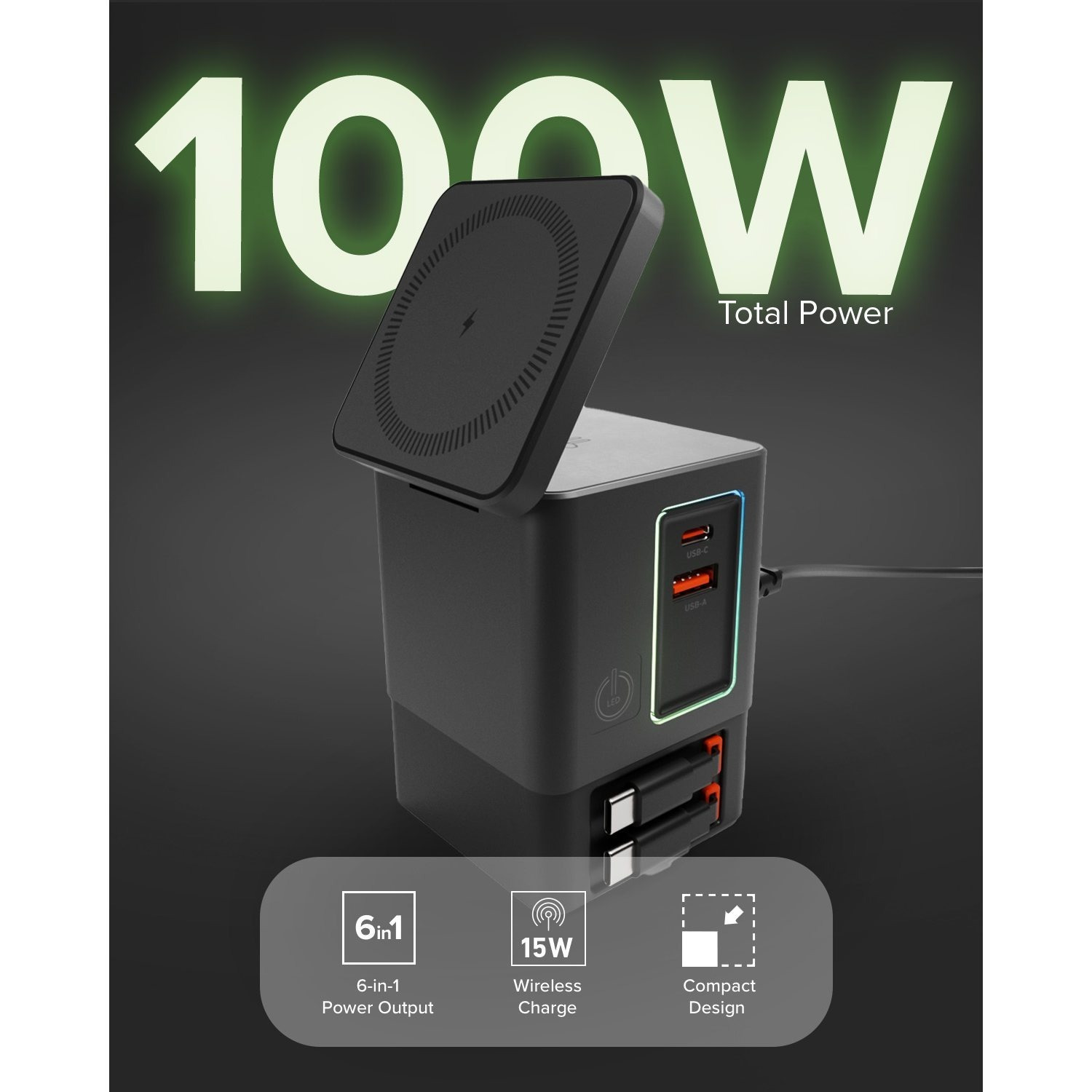 Image of Power Dock 6-in-1 100w Usb-c, 15w Wireless Charging, Magsafe Compatible, (pd 3.0 Pps), Charging Station With 2x Retractable Cables, Charger For Laptop, Iphone, Airpods, Black