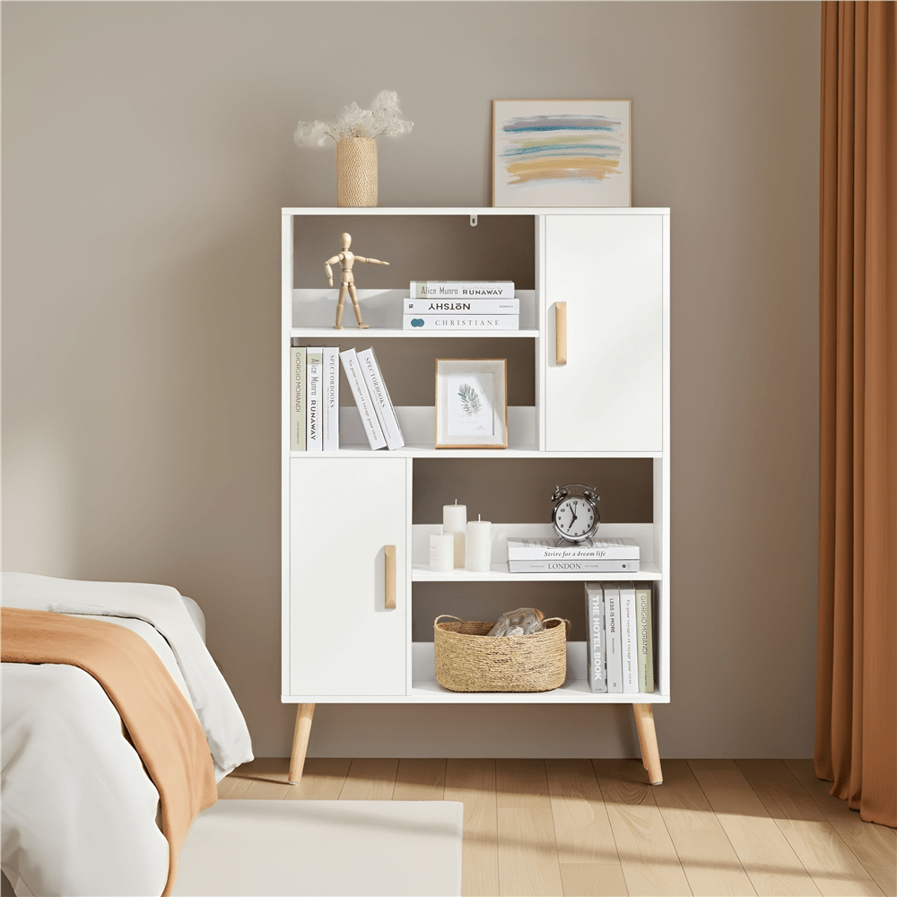 Image of Costoffs 4-tier Bookshelf With 2 Cabinet Compartments, Freestanding Shelf With Wooden Feet, Storage Shelf, Bookcase, 4-level Bookshelf