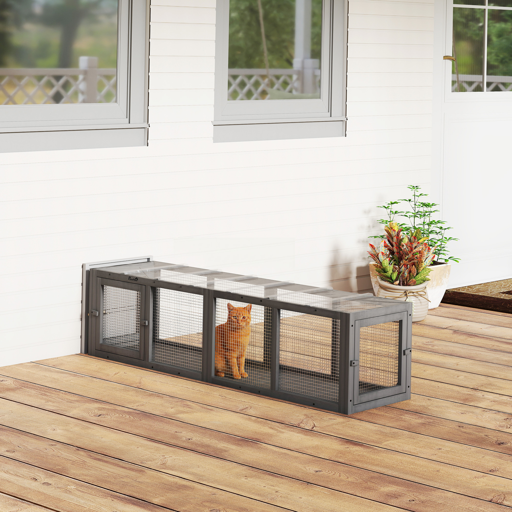 Image of Wooden Cat Tunnel Toy With 3 Doors, Expandable Cat Cave Scratching Tunnel Play Tunnel For Cats Up To 10 Kg, Indoor And Outdoor Use, 151.5 X 38.5 Cm, Gray