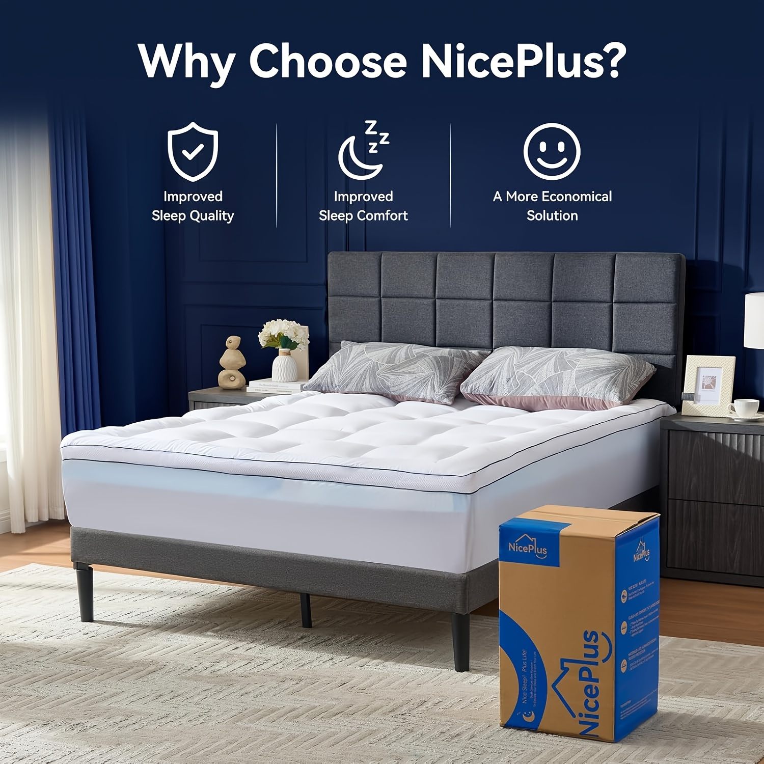 Niceplus Dual Cm Memory Foam Mattress Topper, 5 Cm Plush Mattress Protector And 5 Cm Gel Memory Foam For Back Pain Relief, Breathable, Cooling