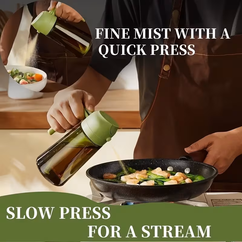 2 kitchen glass olive oil bottles with 6 stickers oil dispenser and cooking spray device 16oz premium dark green glass oil bottle perfect cooking tool for grilling camping and salads nozzle design for suitable for cooking details 4