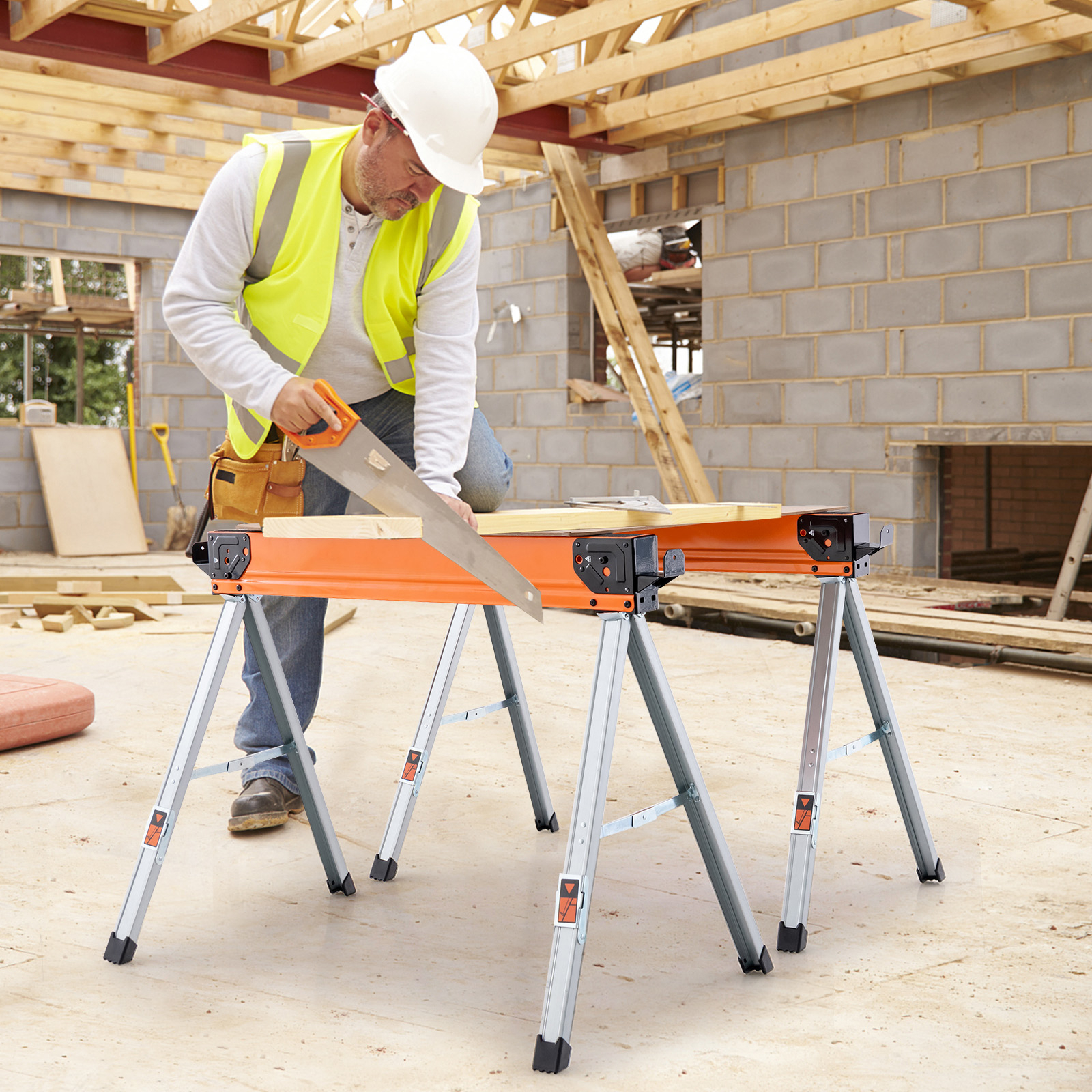 Image of Portable Sawhorses Set Of 2, Folding Work Horses W/ Flip-down Pegs & Support , Each Load 1100 Lbs, Heavy-duty Metal Saw Horses W/ Fast Open Legs For Woodworking