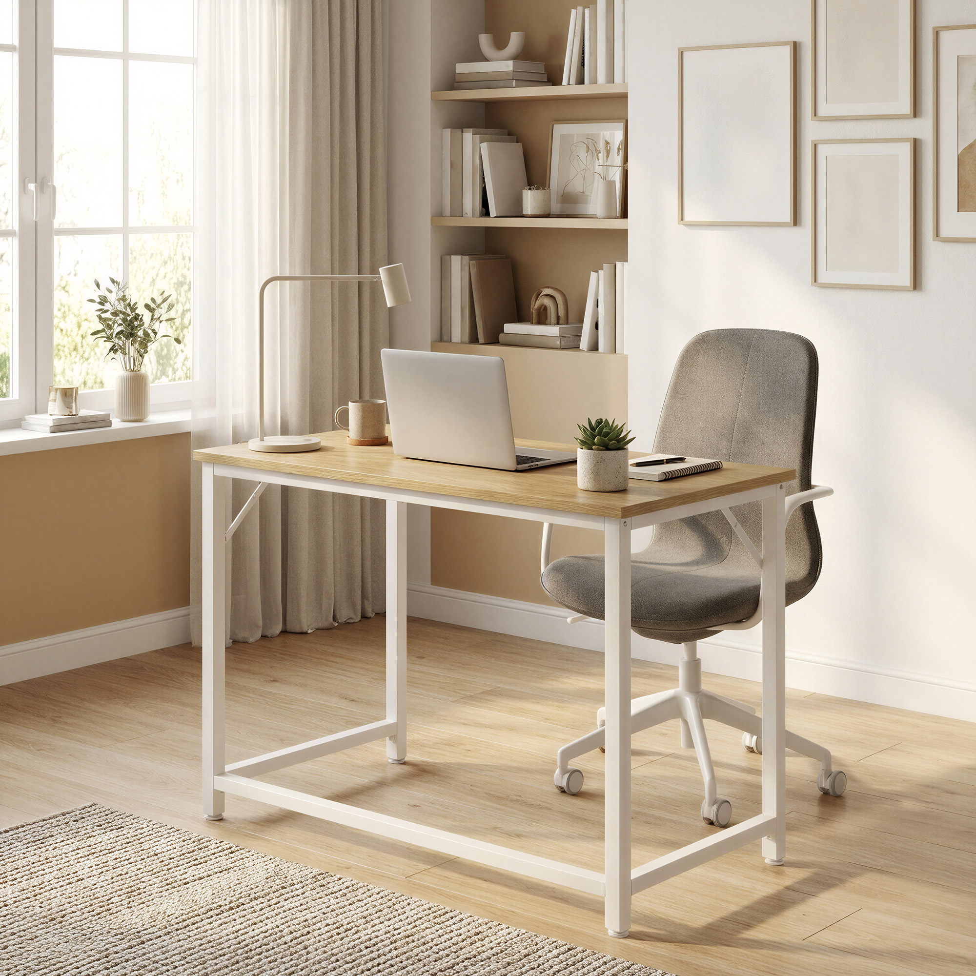 Image of Desk, Small Computer Desk, Office Desk, For Home Office, Bedroom, Metal Frame, Oak-