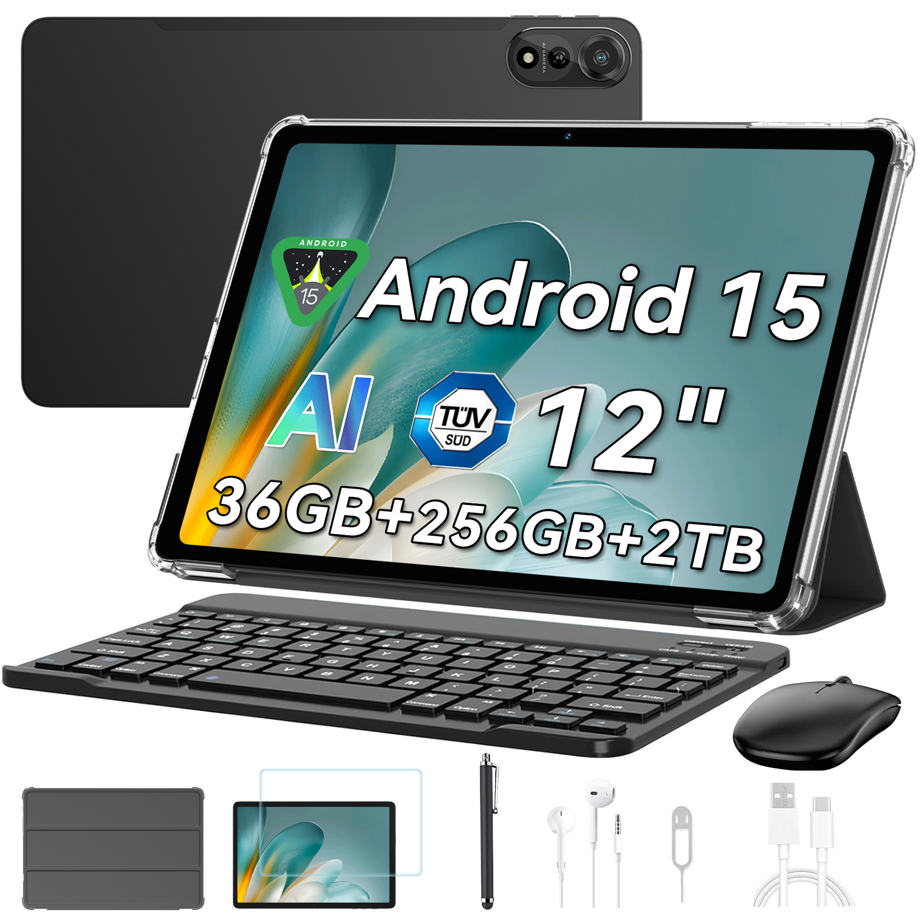 Blackview Mega2 15 Tablet 12 Inches, 36 (12+24) Gb +256gb Rom, 2k Fhd Gaming Tablet With Keyboard Mouse Stylus Headphones, 4g Lte+5g Wifi, 9000 Mah, L1, Dual Camera, , Gps, Case
