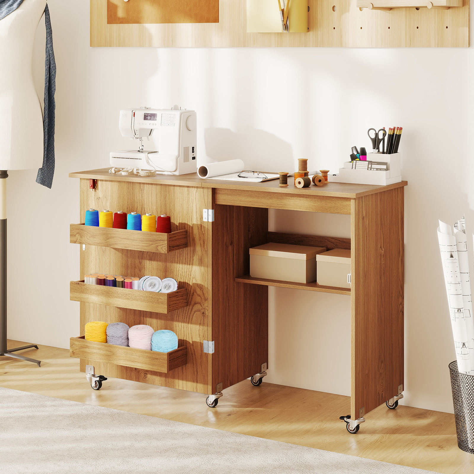 Image of Folding Sewing Table, Rolling Craft Station With Storage Shelf, 3 Hidden Bins, Mobile Sewing Machine Desk With Lockable Wheels For Home, Small Spaces, 118,5 X 40 X 79,5 Cm Natural