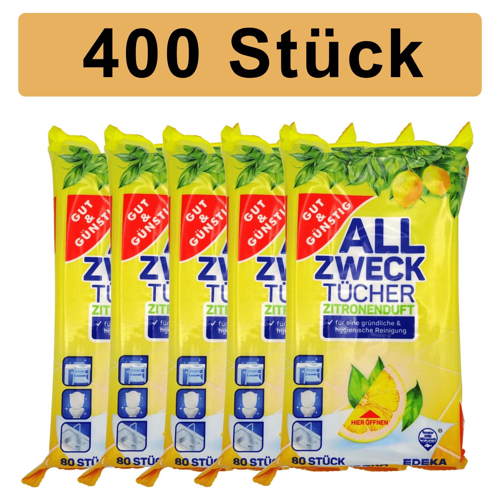E-shop 400 Feuchte Allzwecktücher Citrus – 5x80er Vorratspack, Frische Zitrone, Reinigungstücher für Haushalt & Unterwegs