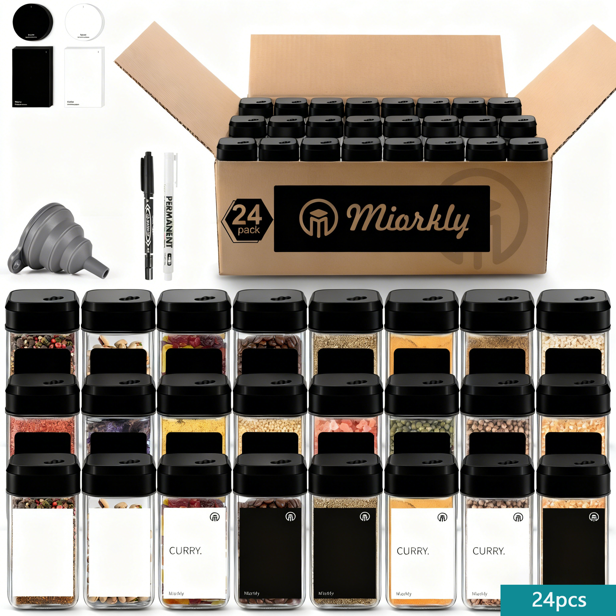 E-shop 24er*120ML Gewürzgläser Schwarz mit Streueinsatz, Gewürzgläser Eckig Set, Gewürzstreuer Glas Gewürzdosen Leer, Gewürzbehälter, Spice Jars,