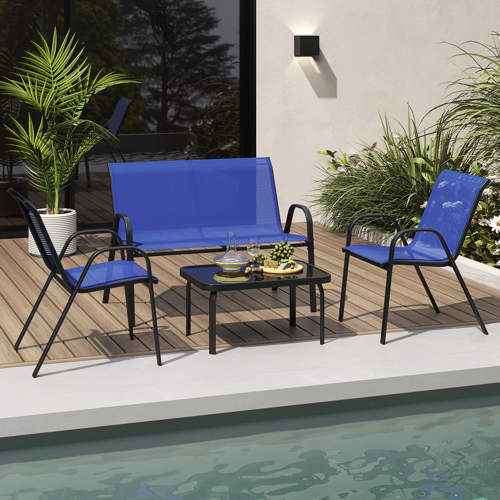 Image of 4pcs Patio Metal Chair Set, Modern Set W/ Fabric Seat, Tempered Glass Tabletop, Outdoor Conversation Furniture Set W/ Loveseat For Backyard, Porch, Poolside