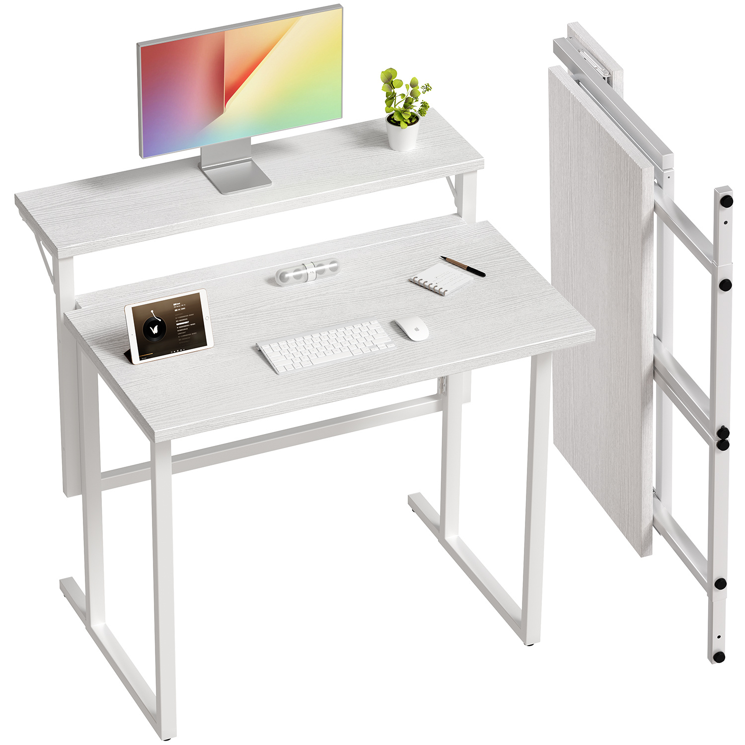 Compact Folding Table 80 X 62 Cm, Foldable Computer Desk With Monitor Holder, Ideal For Small Rooms, And Desk, Easy Assembly, Space- Design, Suitable For Home Office And Study, In Beige/