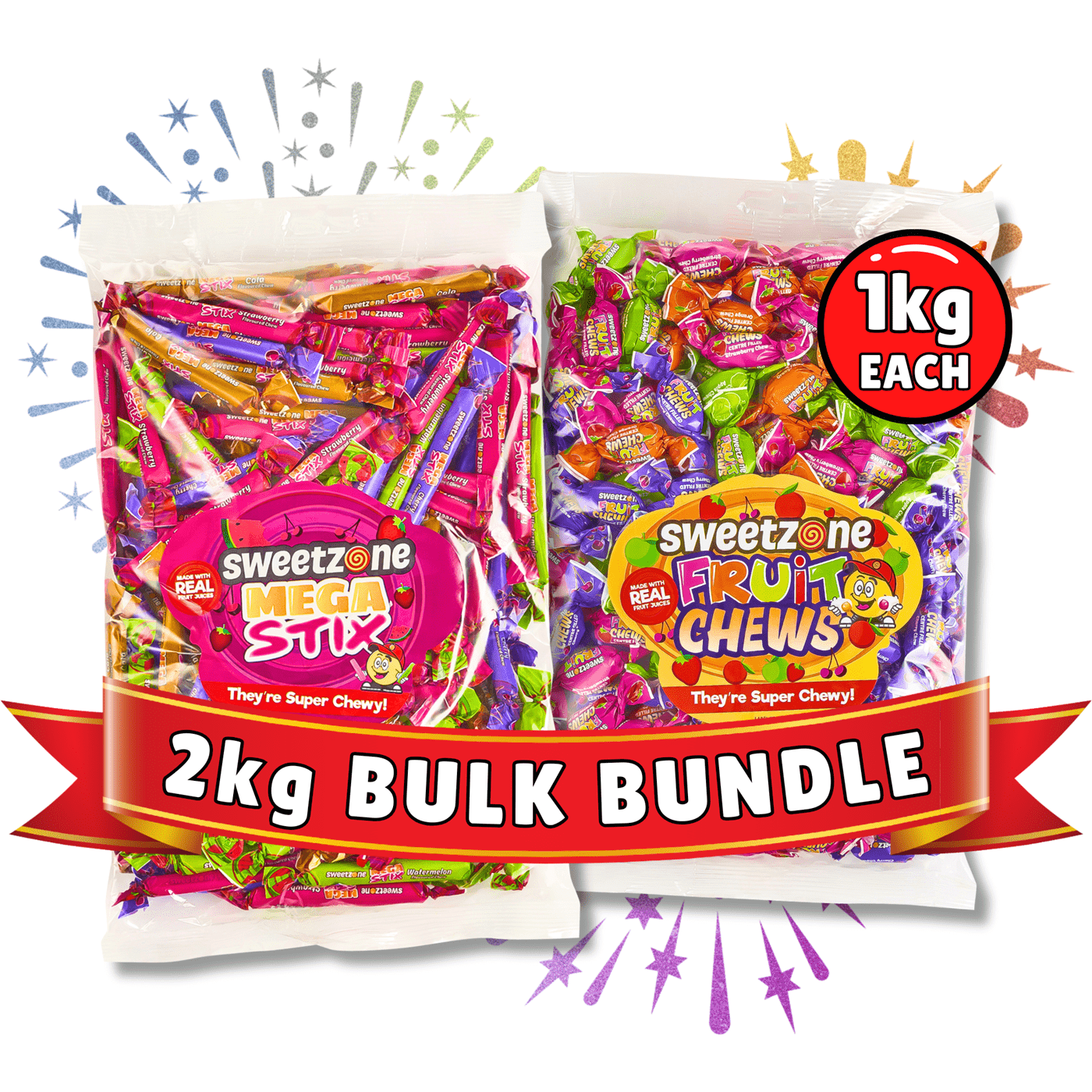 Sweetzone Mega Stix & Fruit Chews Combo – 2 x 1kg Bags | Mega Fruit Stix + Juicy Centre-Filled Chews – Bulk Retro Pick 'n' Mix