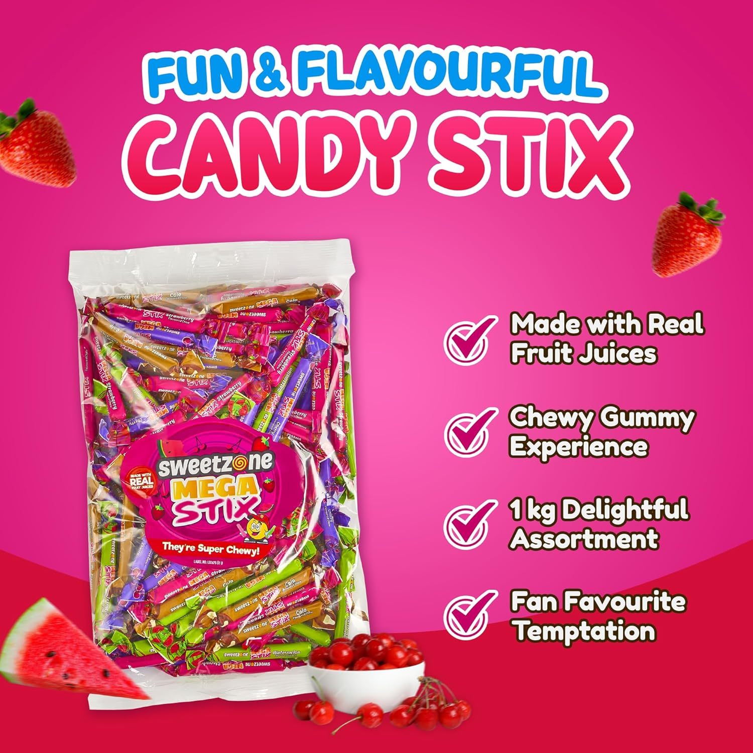 Sweetzone Mega Stix & Fruit Chews Combo – 2 x 1kg Bags | Mega Fruit Stix + Juicy Centre-Filled Chews – Bulk Retro Pick 'n' Mix